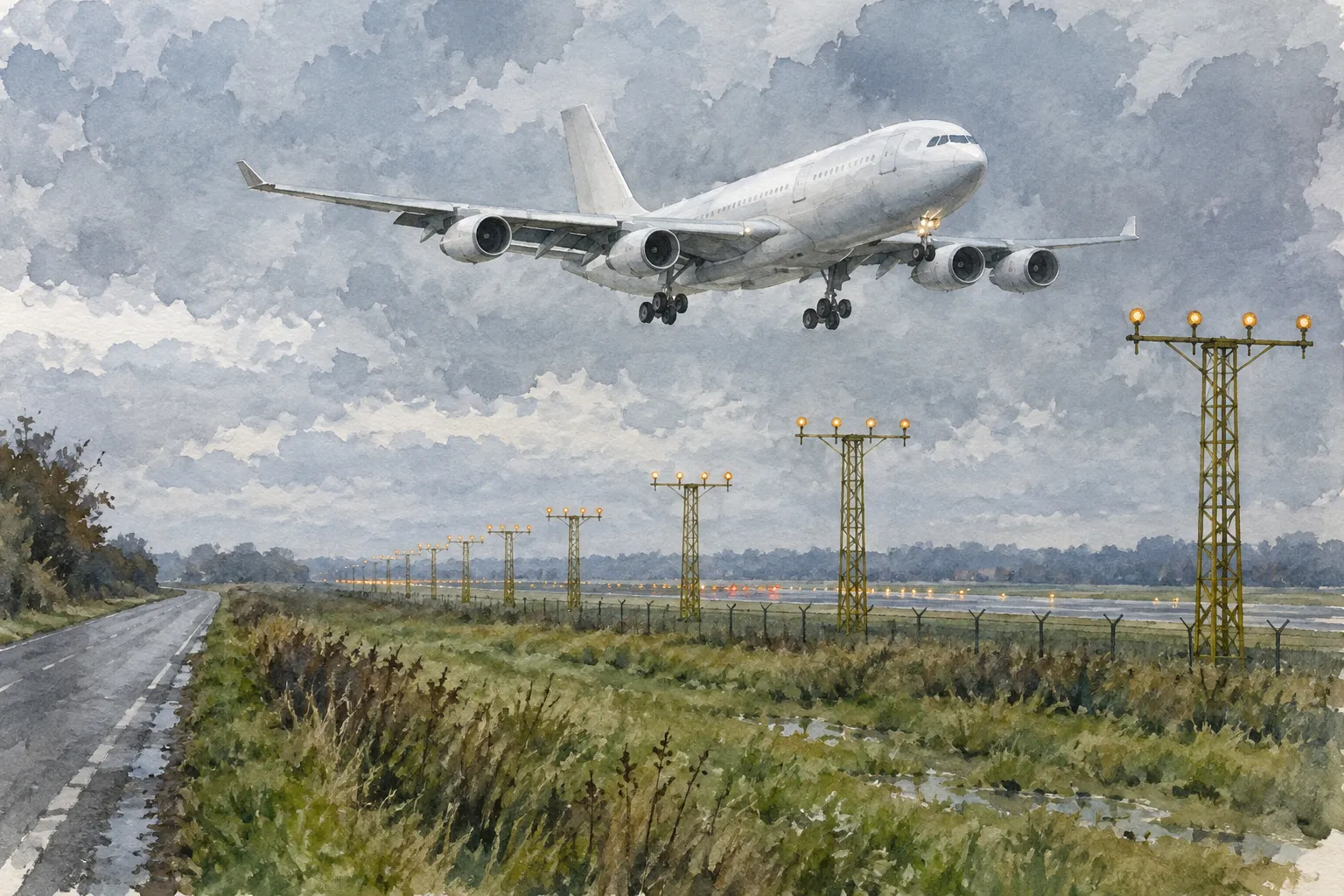 A watercolour of a grass field by runway approach lights with a large airliner passing very low overhead.