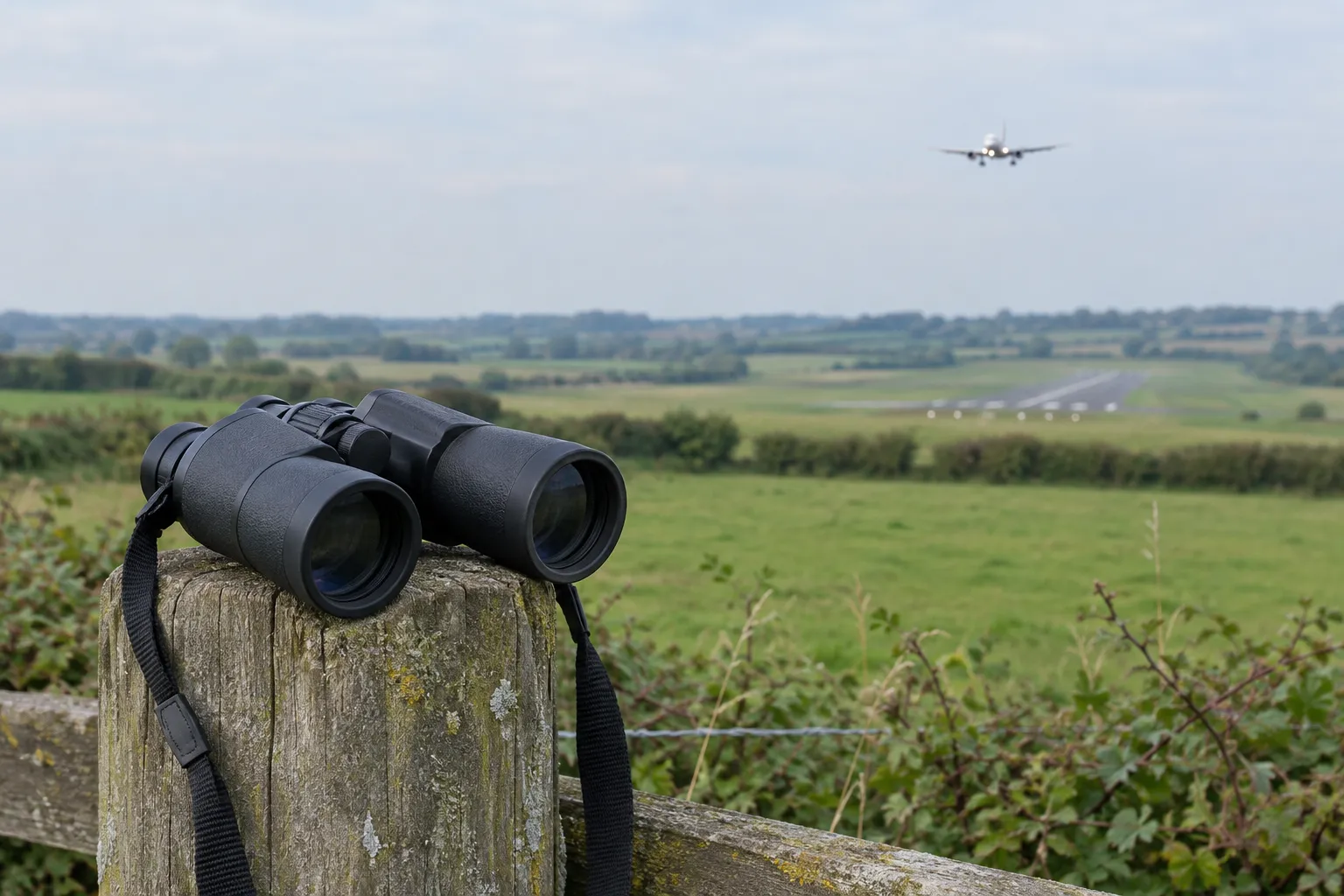 Black binoculars resting on a weathered fence post above green fields, an airliner small in the sky on approach.