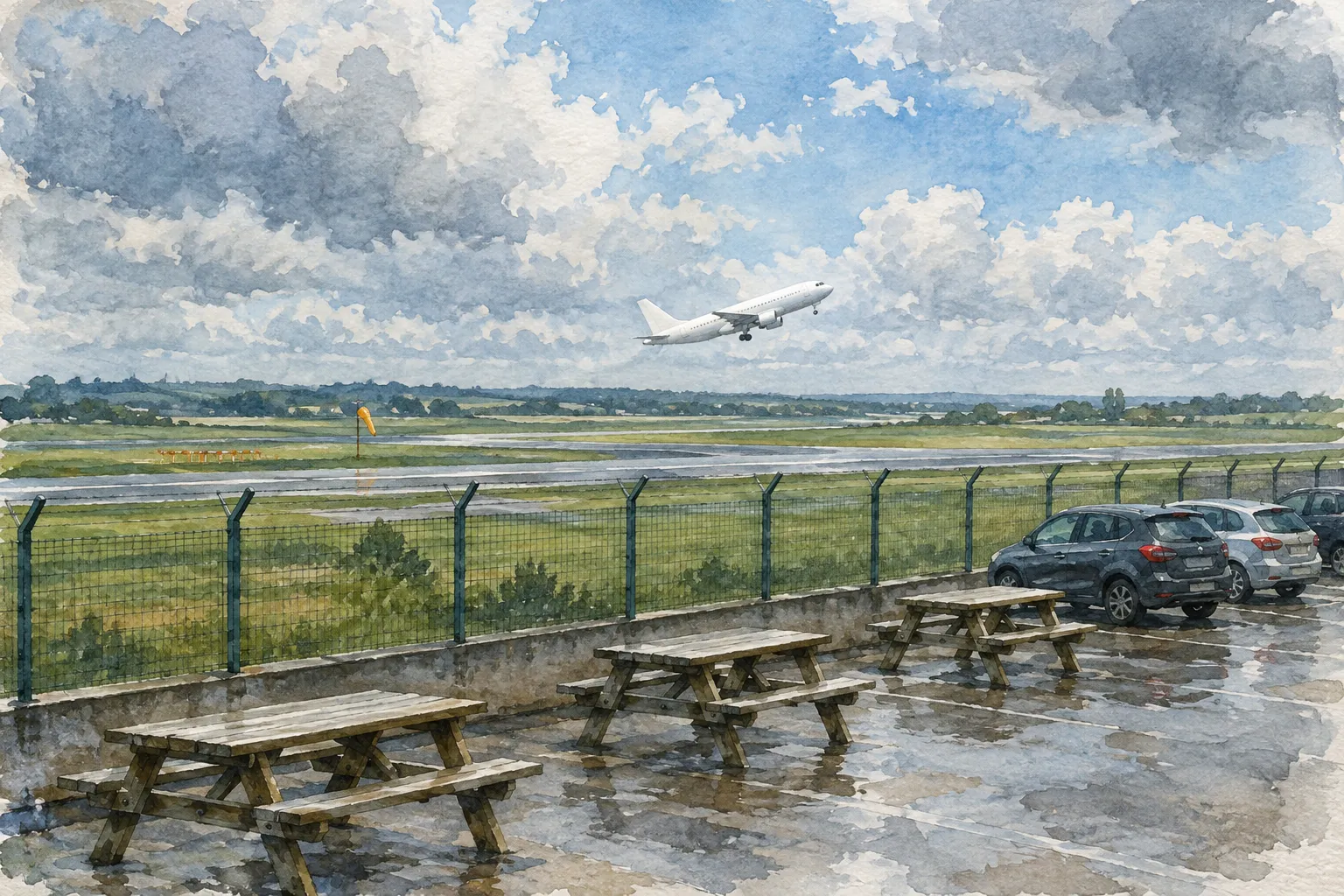 A watercolour of picnic benches beside an airport perimeter fence, an airliner lifting off beyond.