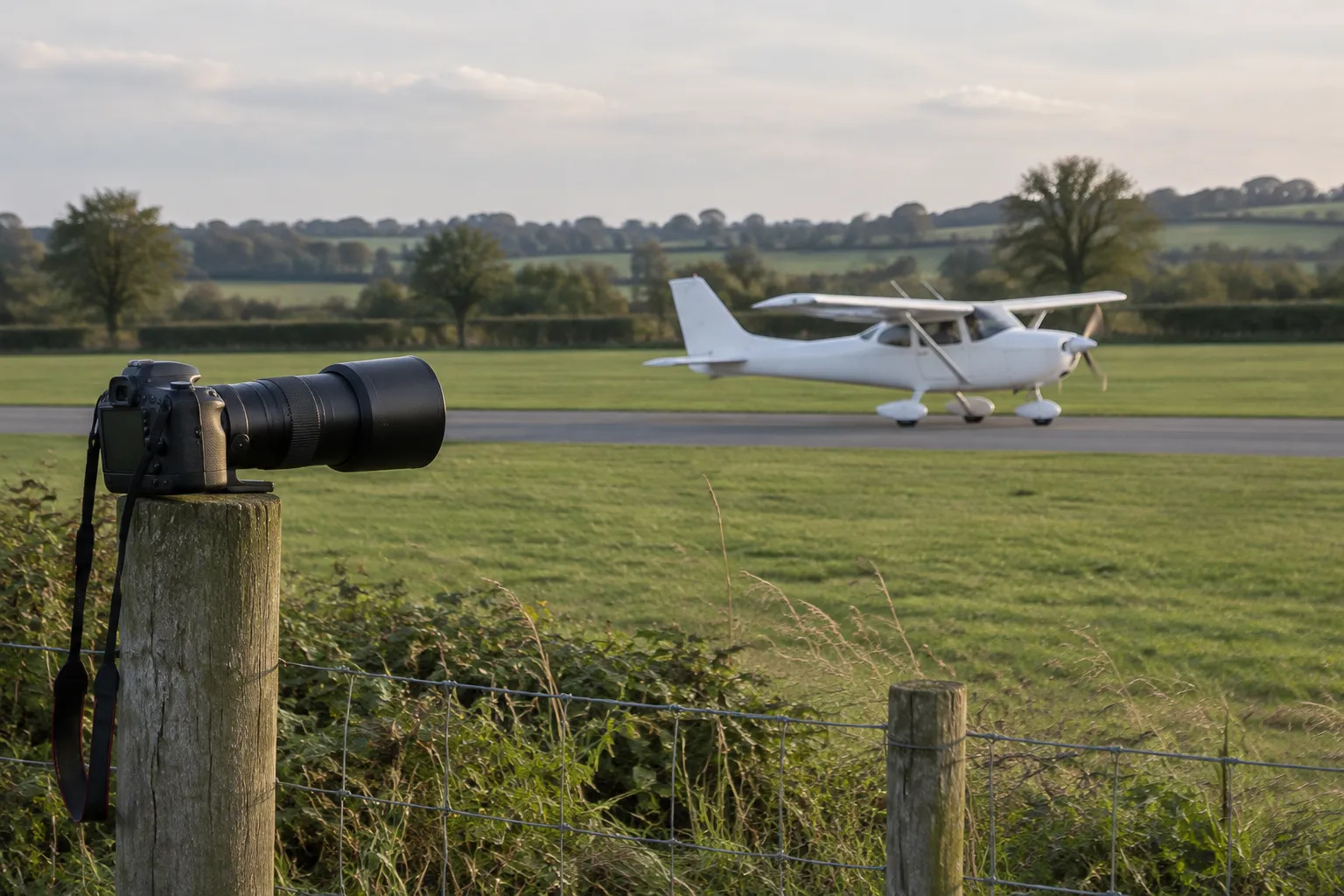 A long-lens camera resting on a fence post as a light aircraft taxis past on a grass airfield.