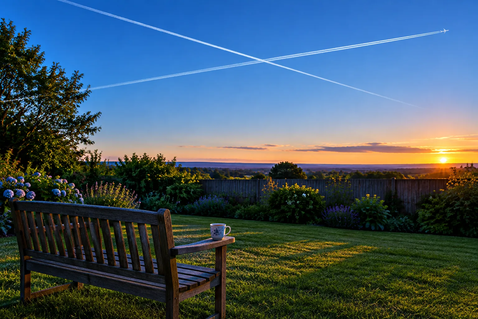An empty garden bench with a mug on the arm, two contrails crossing in the evening sky above.