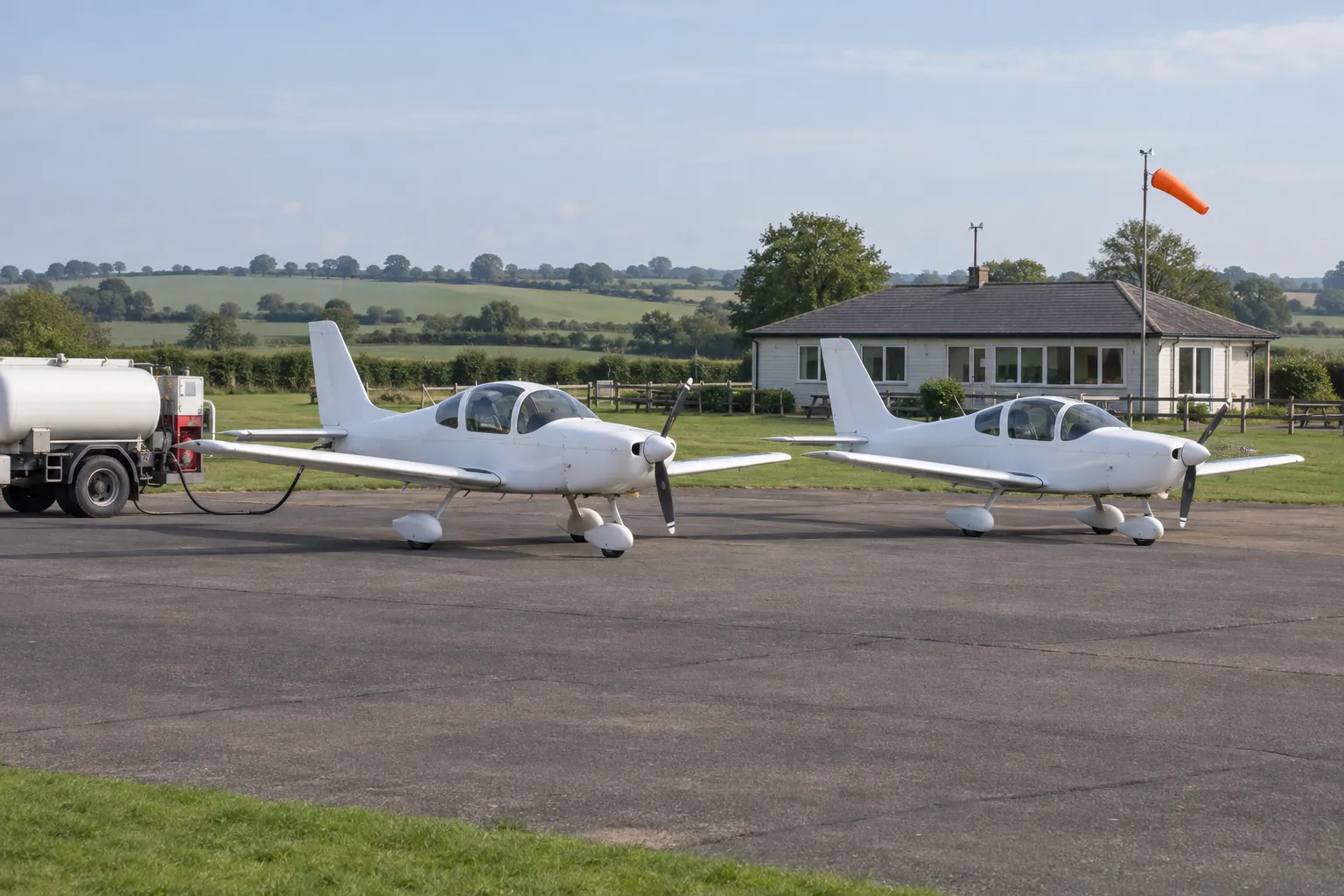 Two white training aircraft side by side on a flying school apron, a fuel bowser by one and a clubhouse and windsock behind.