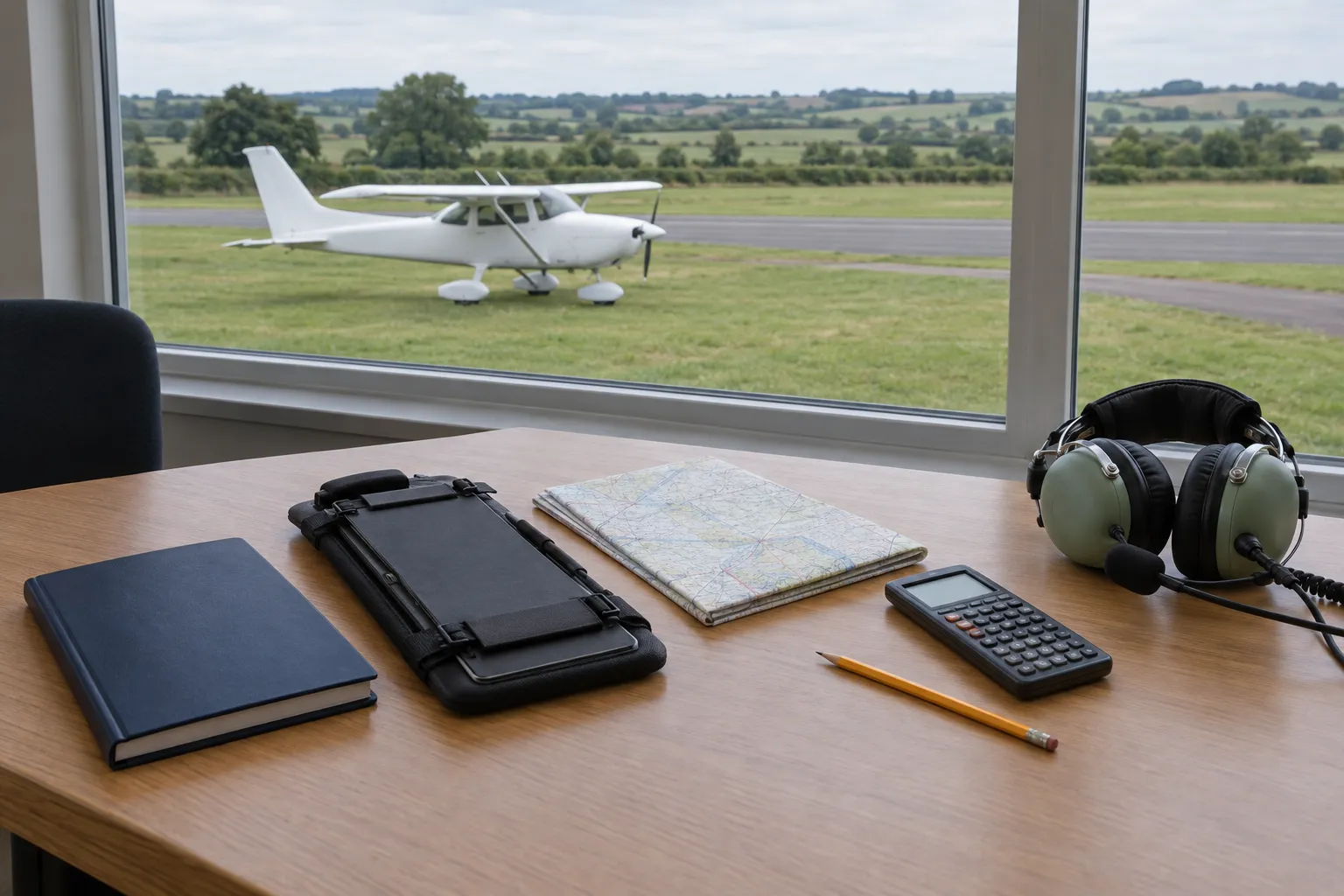 A briefing-room table with a closed navy logbook, a kneeboard, a folded chart, a calculator and a headset, a training aircraft on the grass outside.