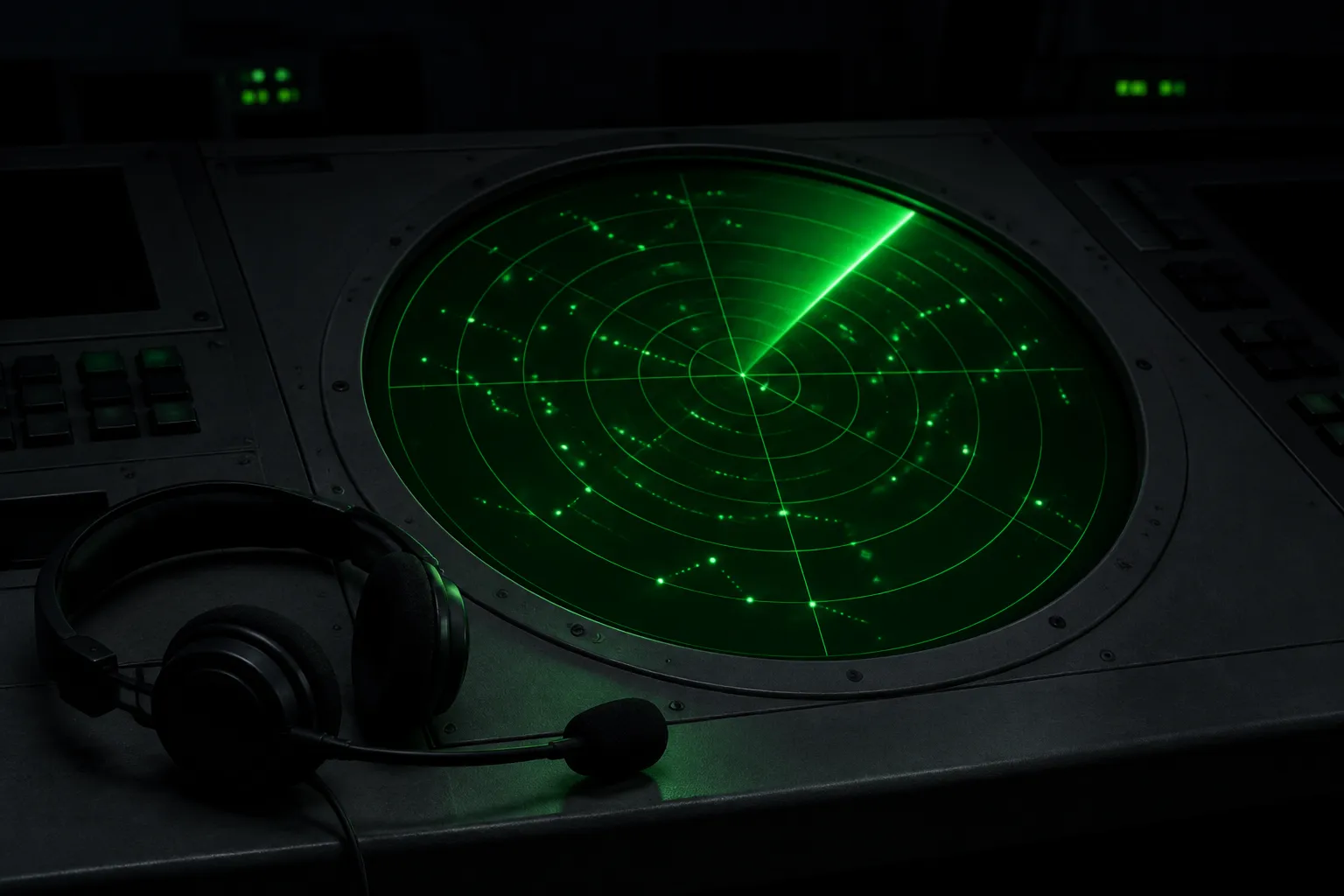 A green radar display glowing in a dark control room, a headset resting on the desk in front of it.