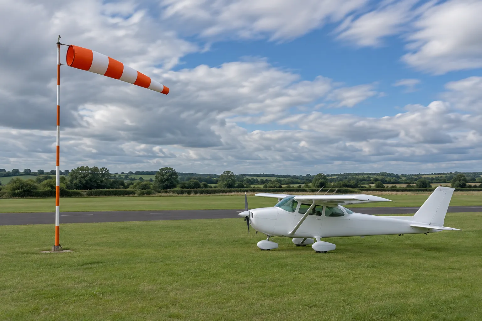 An orange-and-white windsock at full stretch beside a parked light aircraft on a grass airfield under fast clouds.