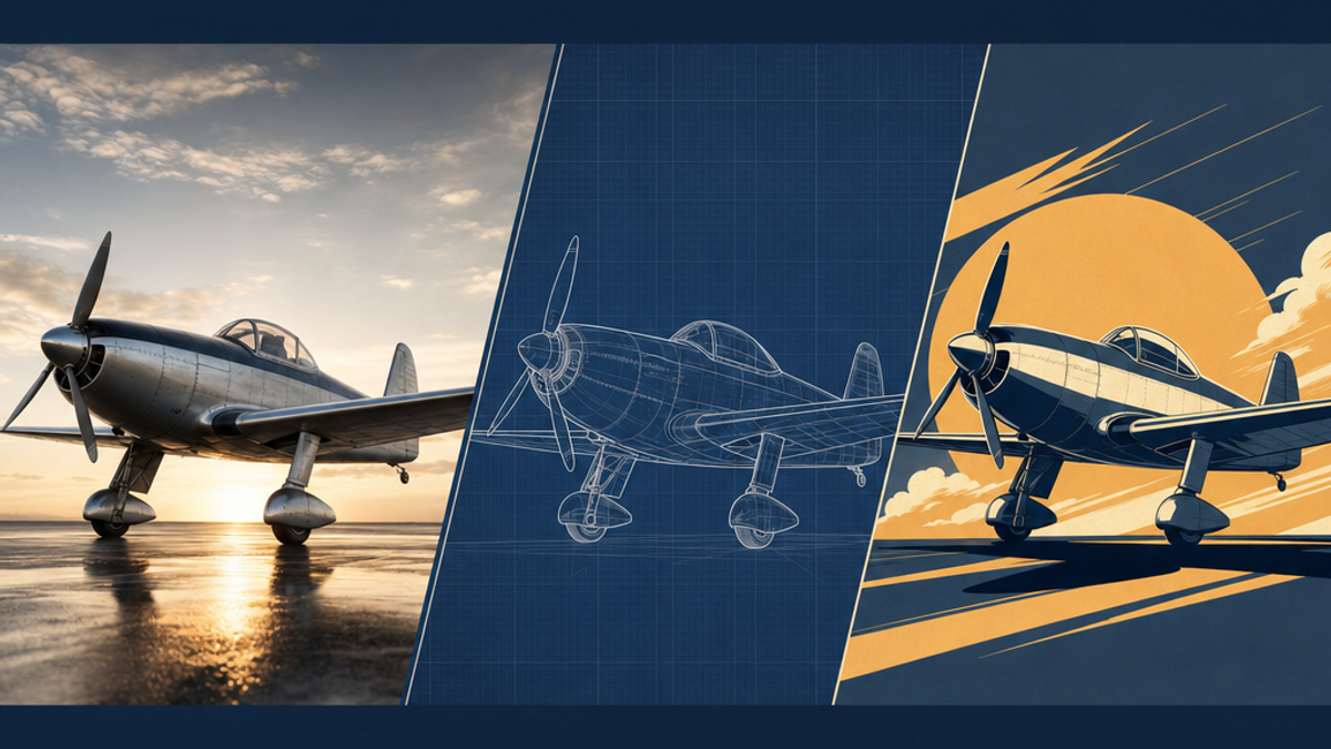 One aircraft photo shown in five styles: photo, blueprint, vintage poster, line drawing and watercolour