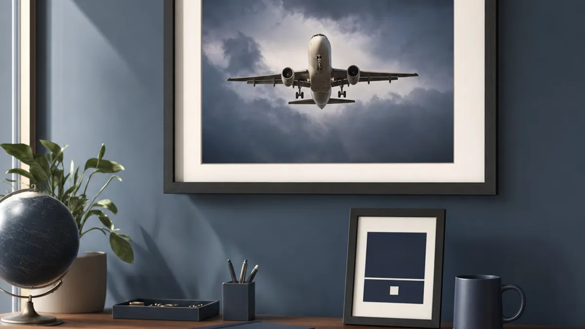 Framed aircraft prints, a Captain mug and an airport-code print arranged on a desk