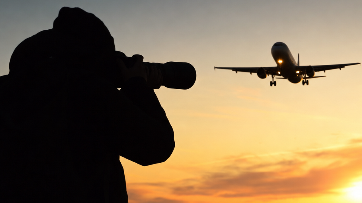 A plane spotter with a long lens photographing an aircraft on final approach in golden light