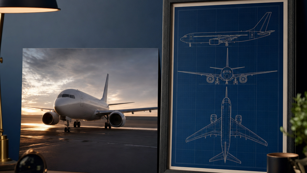 A spotter's aircraft photo shown beside a framed blueprint-style print of the same plane