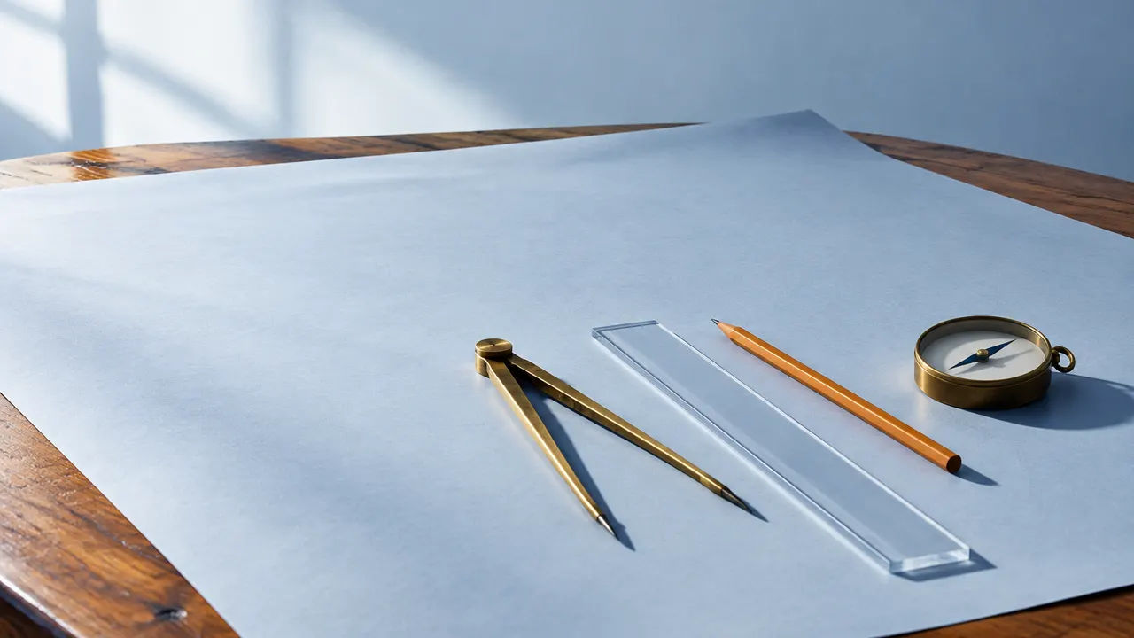 Brass dividers, a pencil, a plain ruler and a compass resting on a blank sheet of pale paper on a table.
