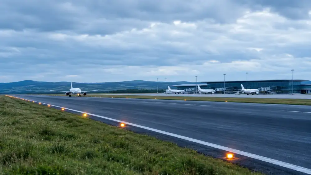 A single runway under an overcast sky, one low terminal beyond it and green hills on the horizon.