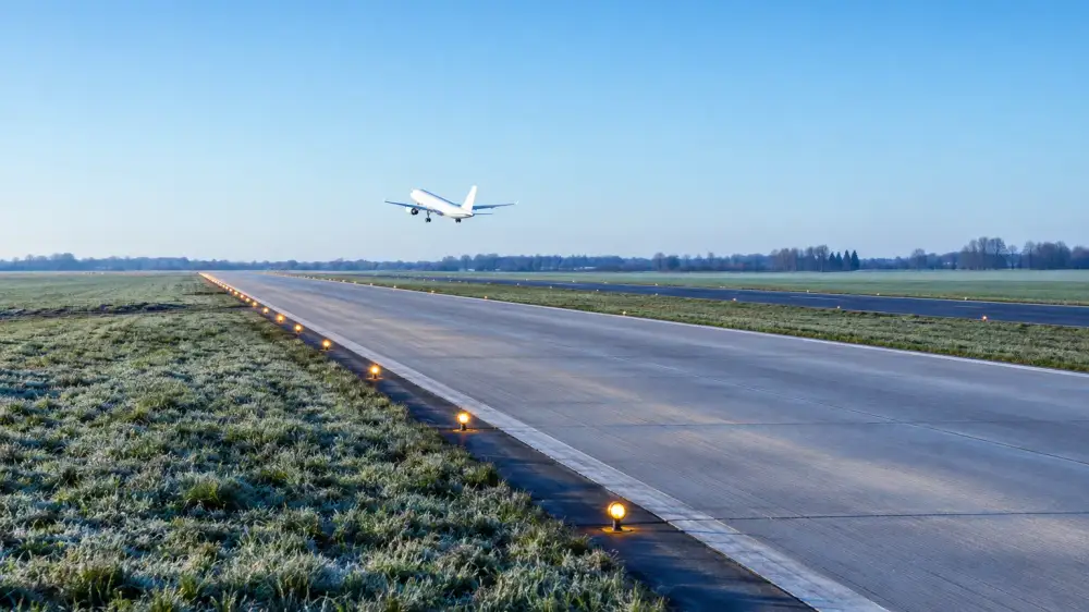 A long runway at first light with a narrower parallel strip beside it, a plain white airliner lifting off.