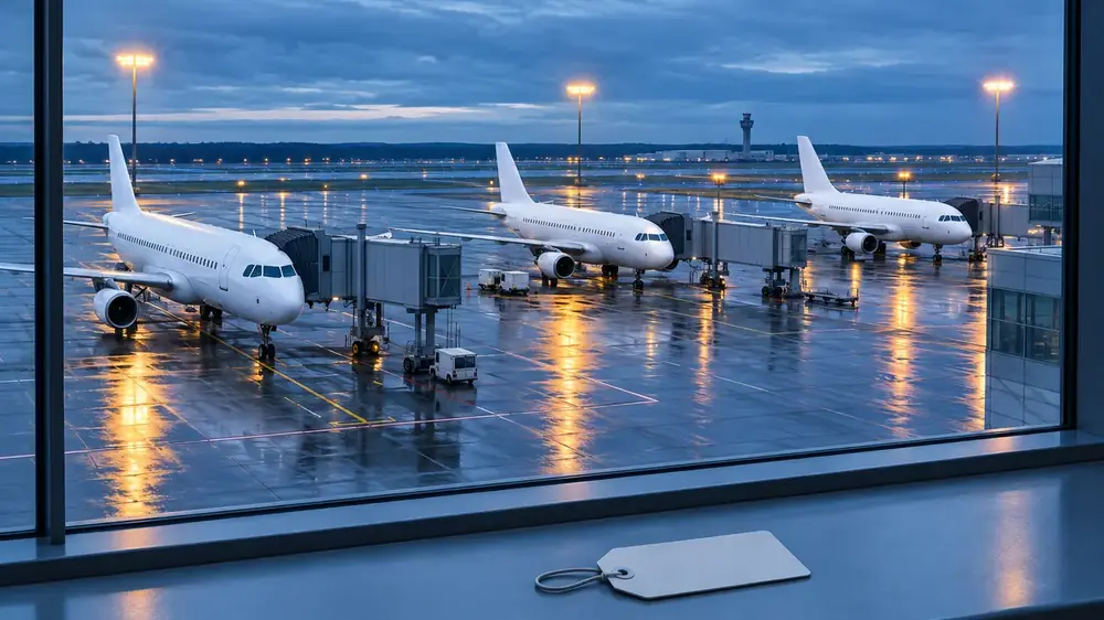 A blank luggage tag on a window ledge, three plain white airliners at air bridges on a wet apron at dusk.