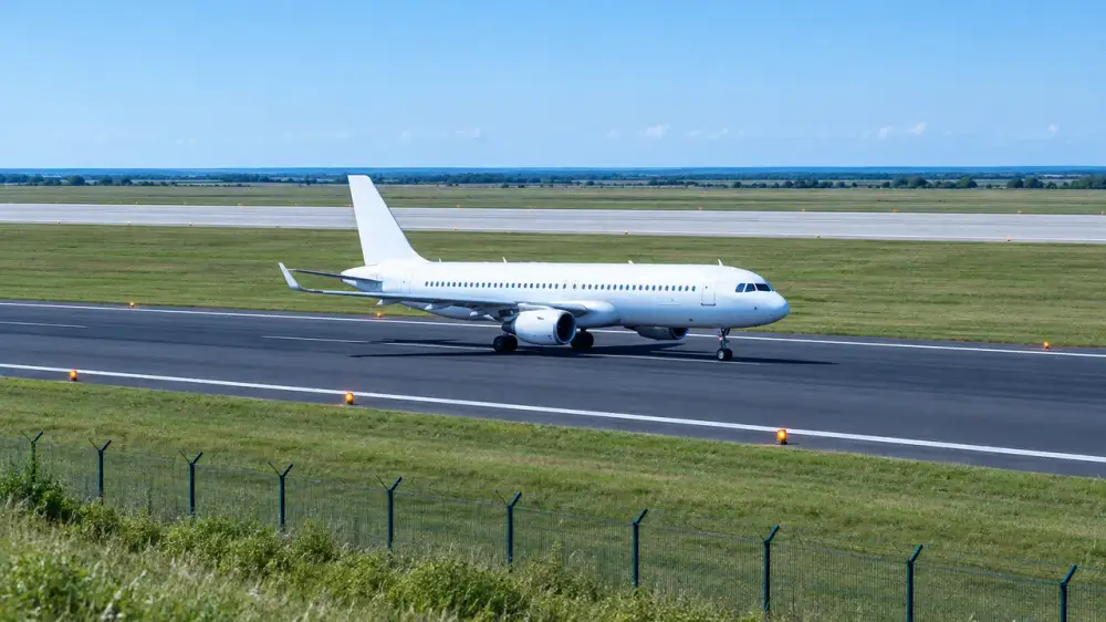 Two parallel runways, one dark asphalt and one pale concrete, a plain white airliner rolling on the nearer.