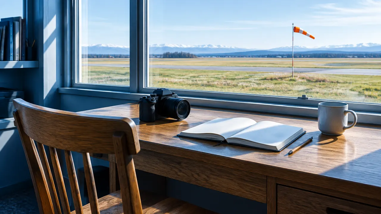 An empty chair at a window desk with an unbranded camera and a blank notebook, an airfield outside.