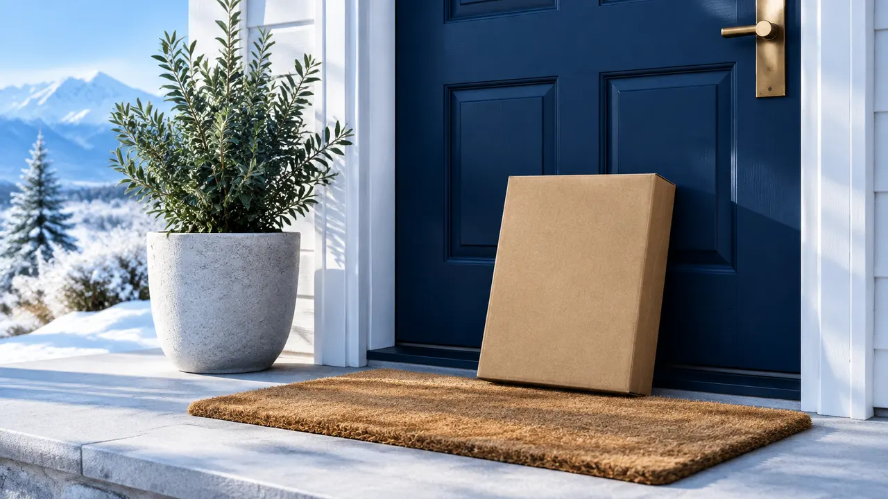A plain brown cardboard parcel leaning against a navy front door on a doormat.