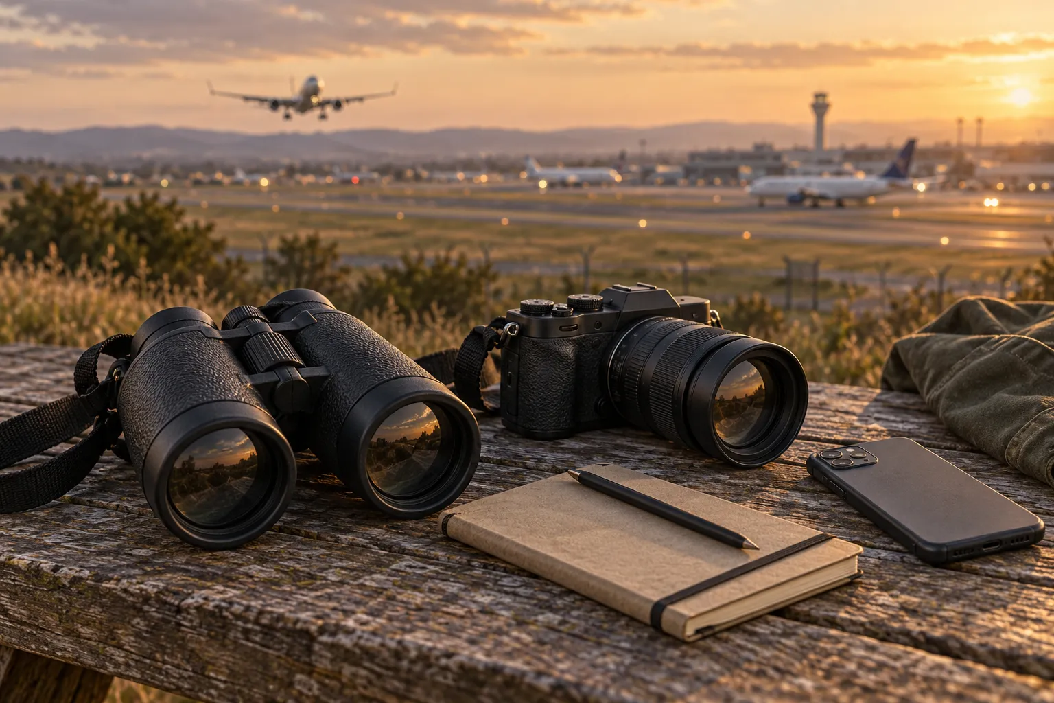 AI-made illustration of binoculars, a camera, a phone and a notebook beside an airfield.