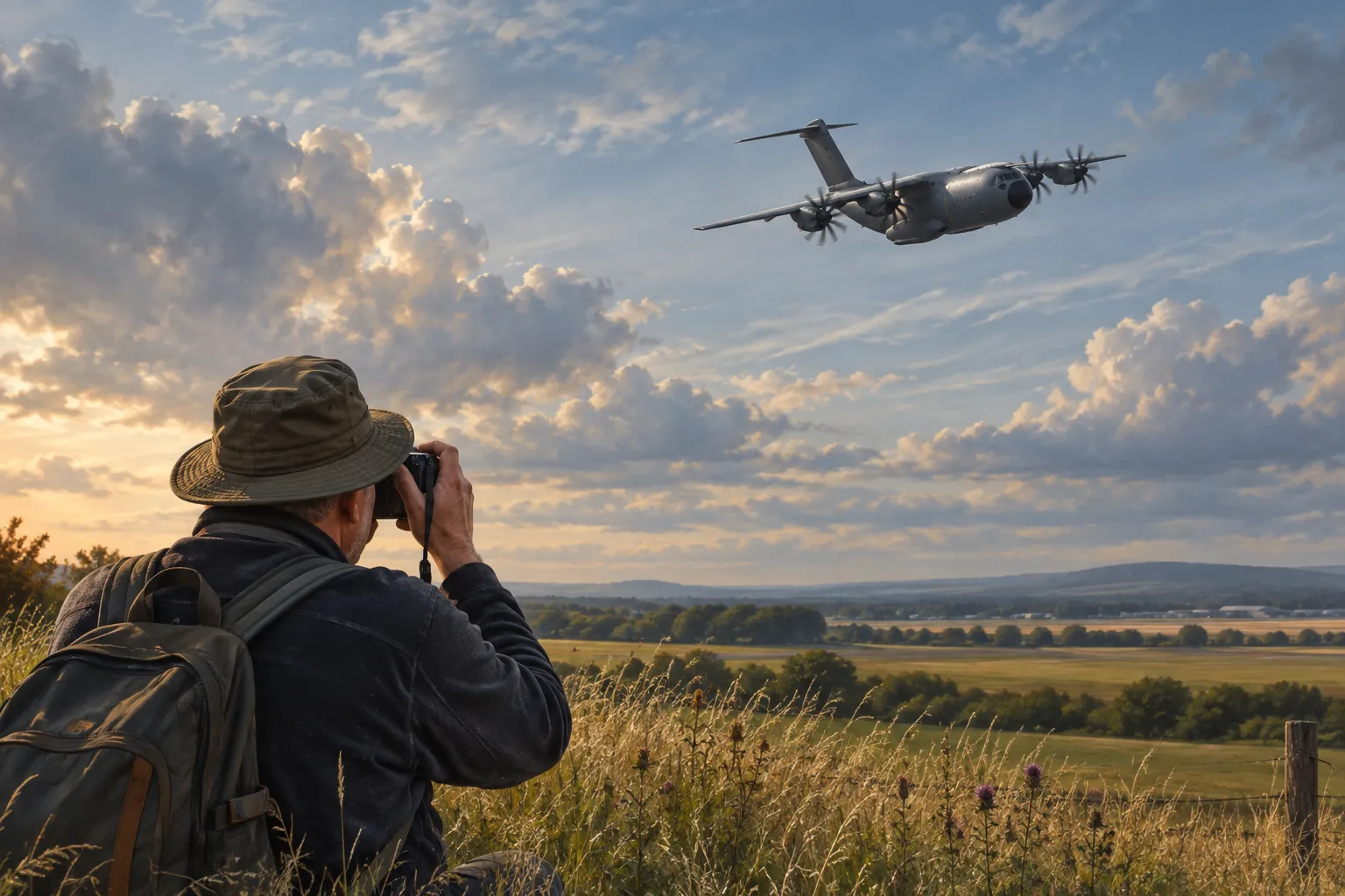 AI-made illustration of a spectator photographing a transport aircraft at an imagined British airshow; not a record of RAF Fairford access.