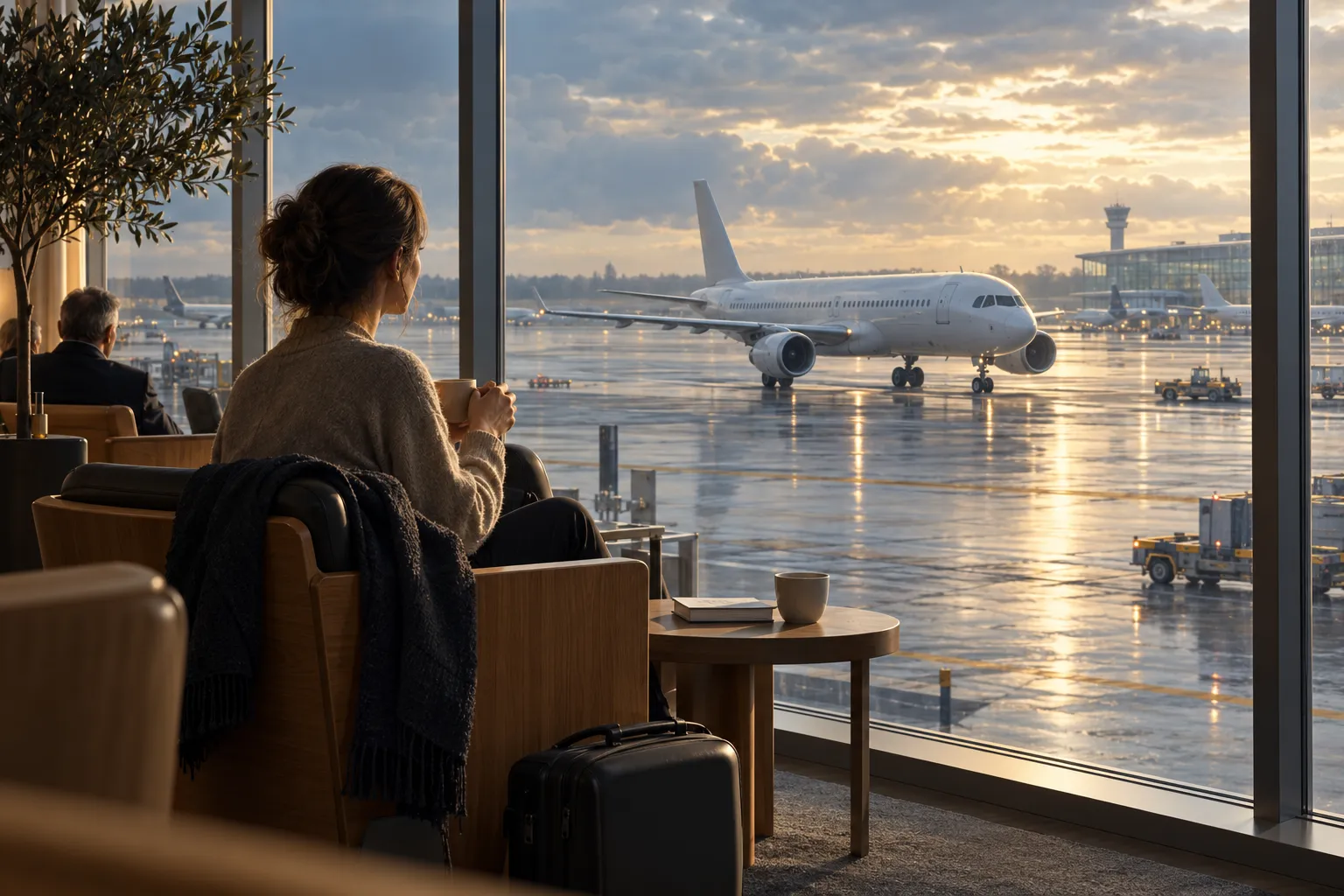 AI-made illustration of a passenger lounge overlooking aircraft; not a photograph of a Gatwick viewing facility.