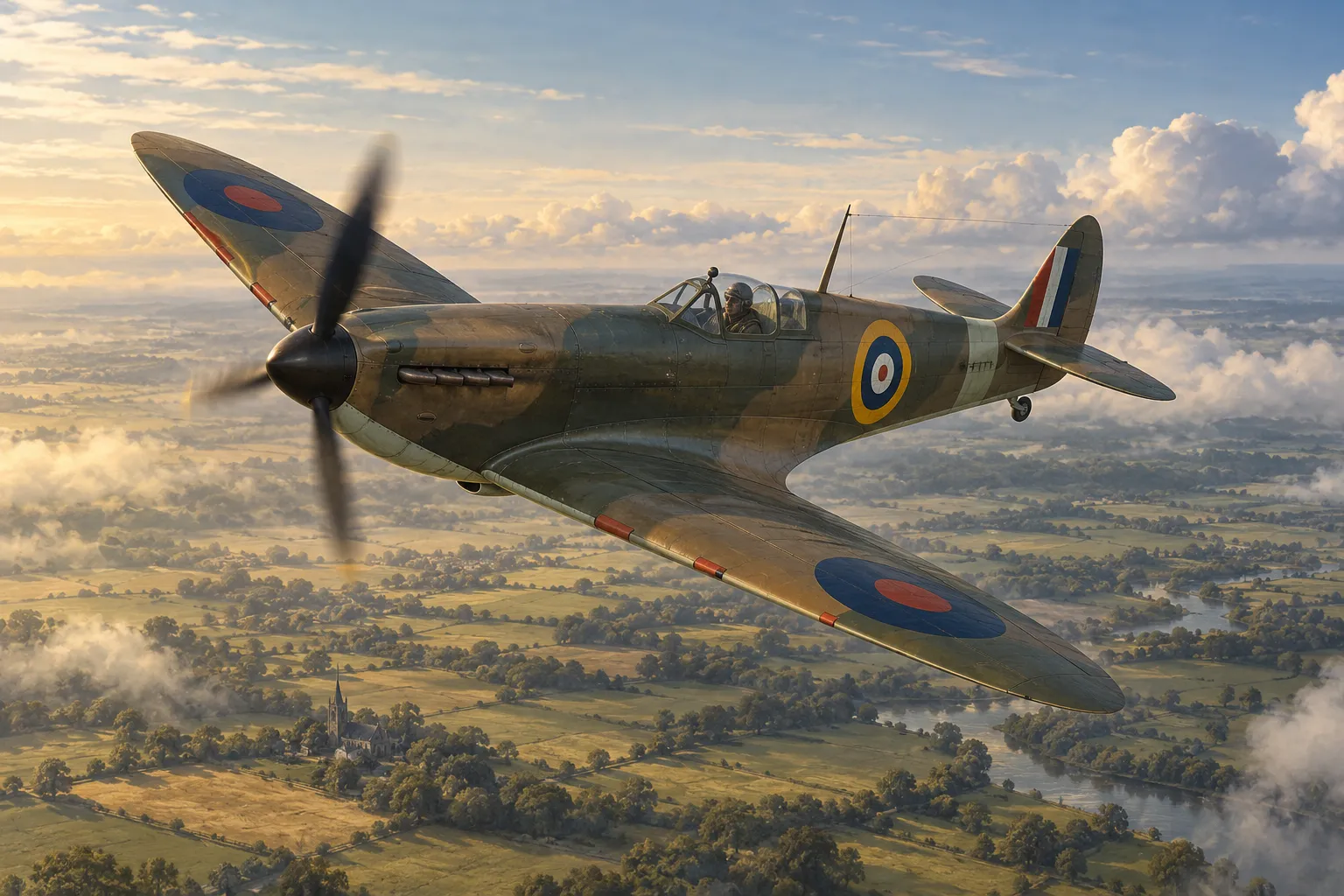AI-made historical illustration of an early Spitfire in flight over English countryside.