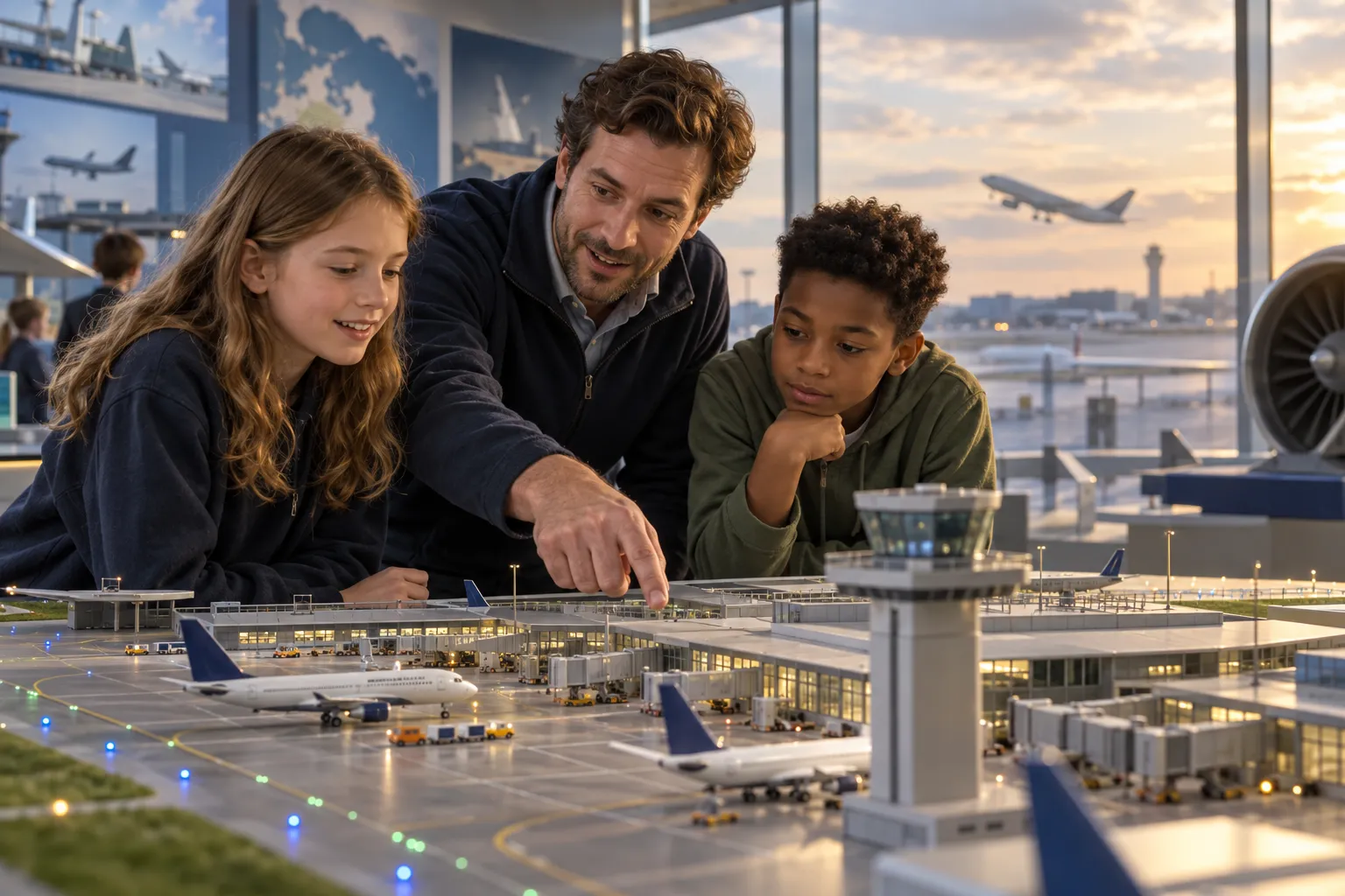 AI-made illustration of an educator and learners examining an airport model; not a photograph of Aerozone.