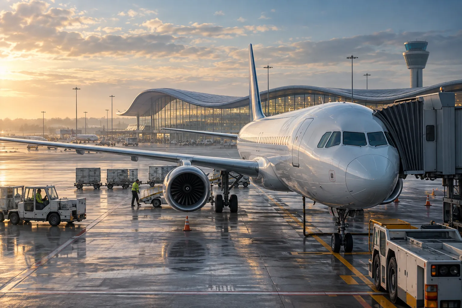 AI-made illustration of an unbranded aircraft at an invented UK airport; not a photograph of Stansted.