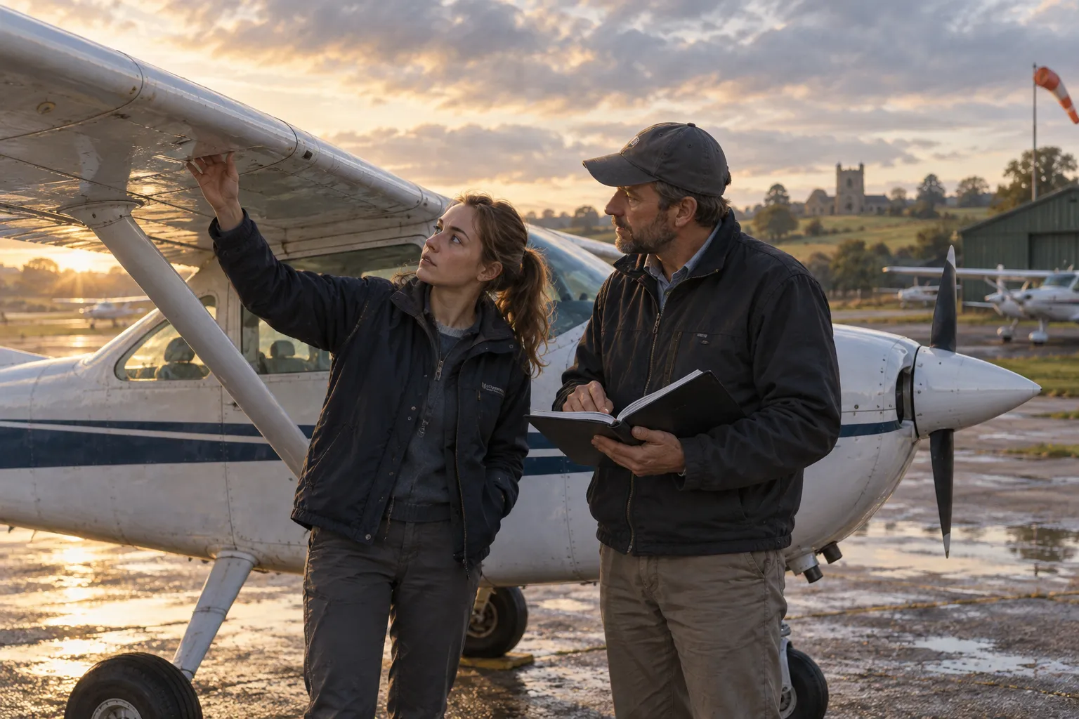 AI-made illustration of a student and instructor inspecting a light training aircraft.