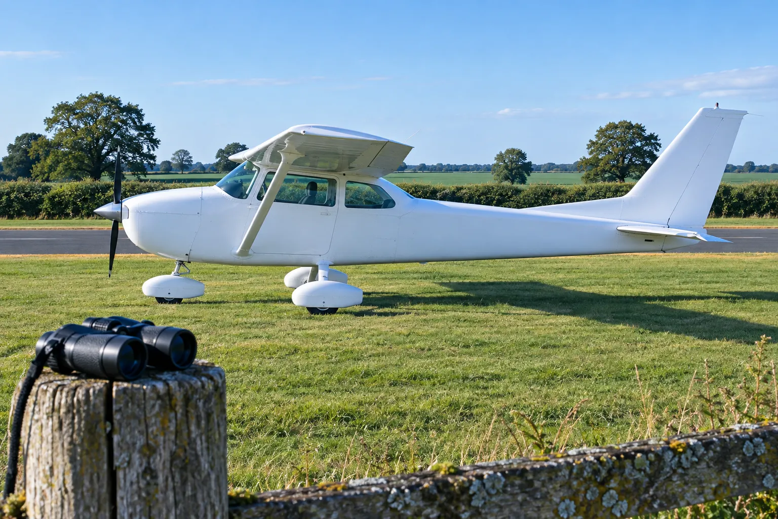 A plain white single-engine high-wing light aircraft with a blank fuselage and tail parked on mown grass, binoculars on a weathered fence post in the foreground, hedgerow and flat green fields behind.