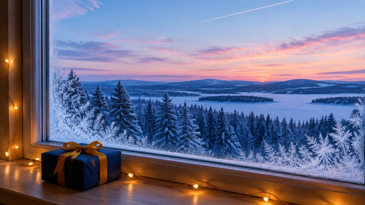 A navy-wrapped present on a frosted window sill at dusk, a contrail crossing the winter sky outside.