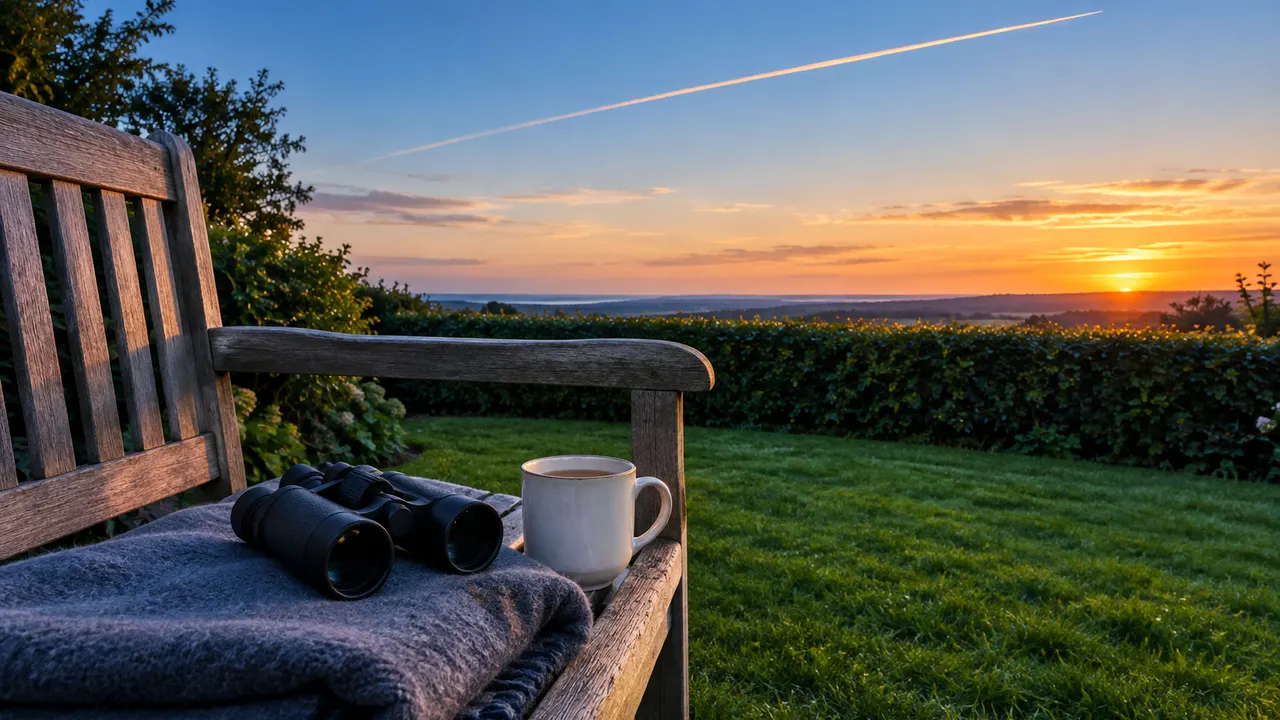 A wooden garden bench at sunset with binoculars on a folded grey blanket and a mug of tea, a contrail crossing the sky above the hedge.