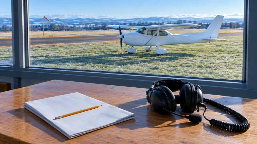 A blank folded chart, a pencil and a plain headset on a table, a plain white training aeroplane on grass through the window.