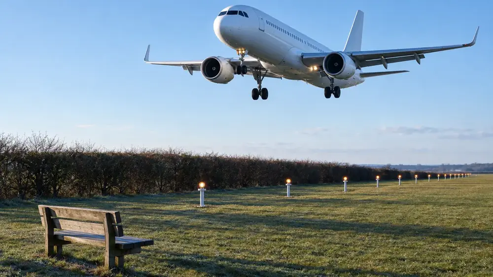 A grass field with a bench and a line of low approach lights, a plain white airliner low overhead on final approach.