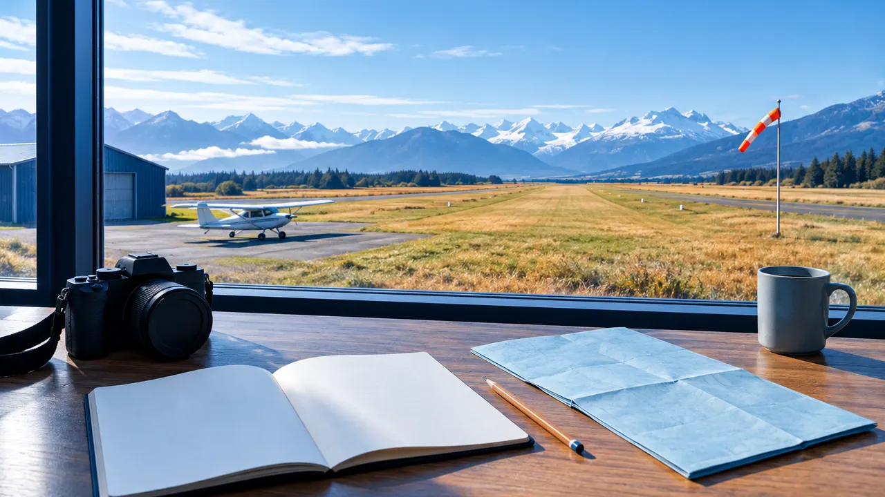 A blank notebook, a pencil, an unbranded camera and a folded chart on a desk by a window over an airfield.