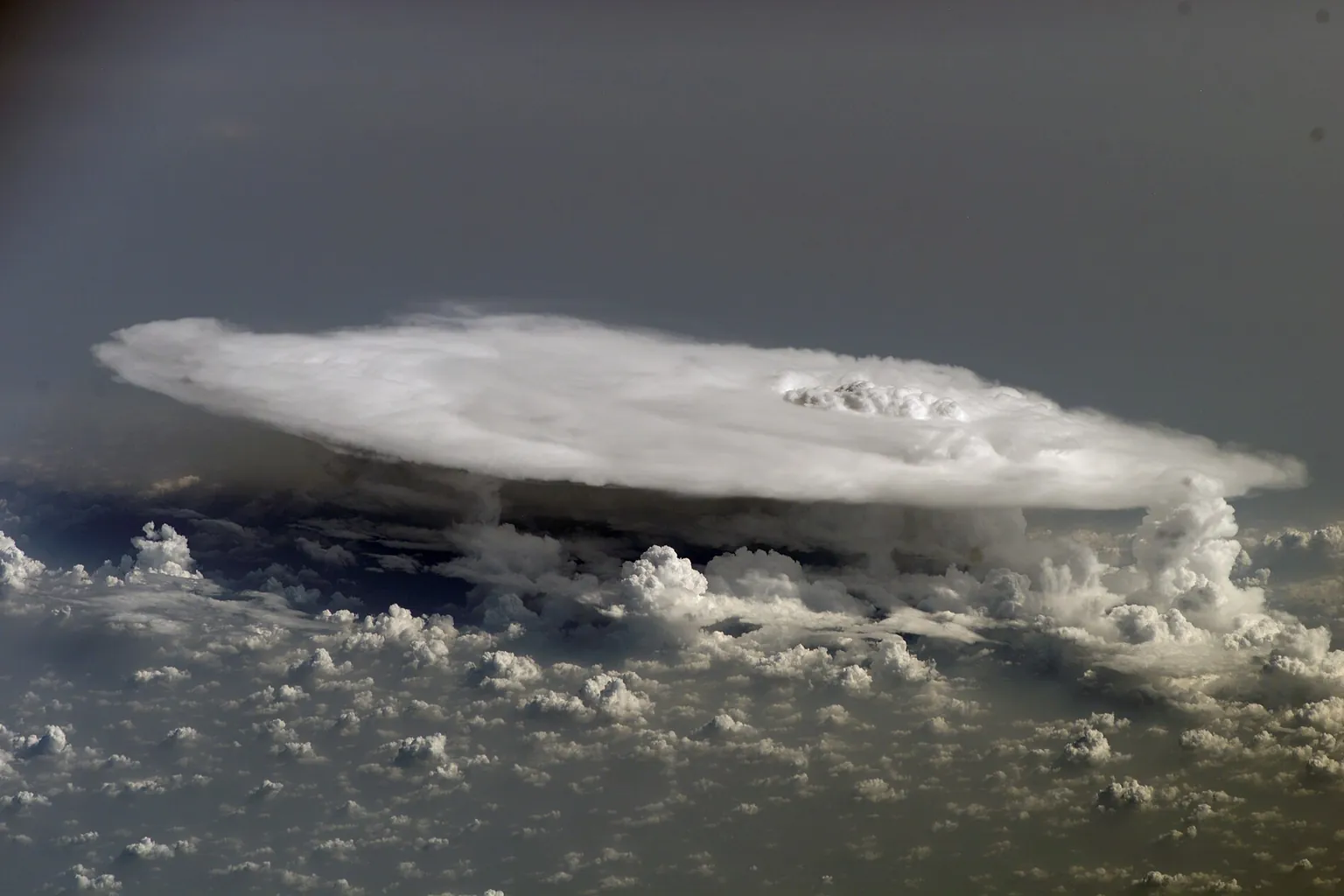 A cumulonimbus storm cloud with a flat anvil top, seen from high above the cloud layer.