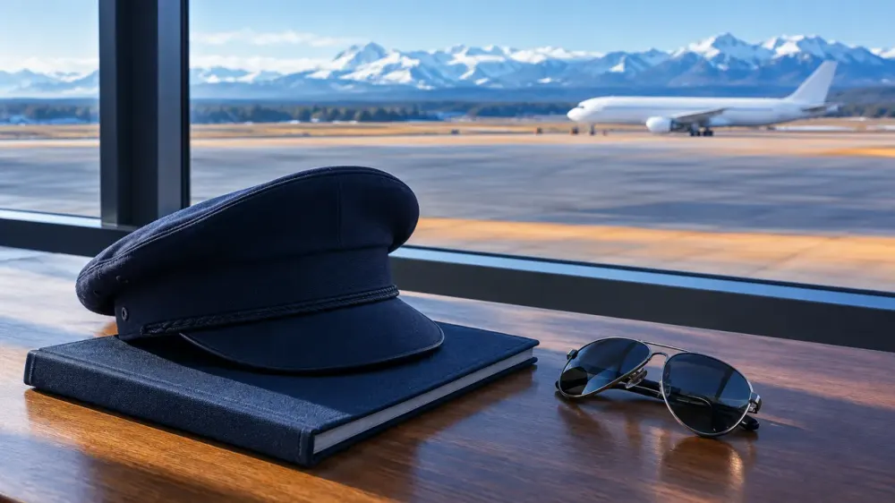 A plain navy cap on a blank navy logbook with folded sunglasses on a desk, an airfield out of focus through the window.