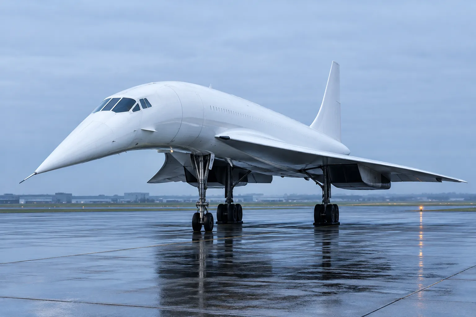 A plain white slender delta-wing airliner with a drooped nose standing on a flat wet apron at dawn under an overcast sky.