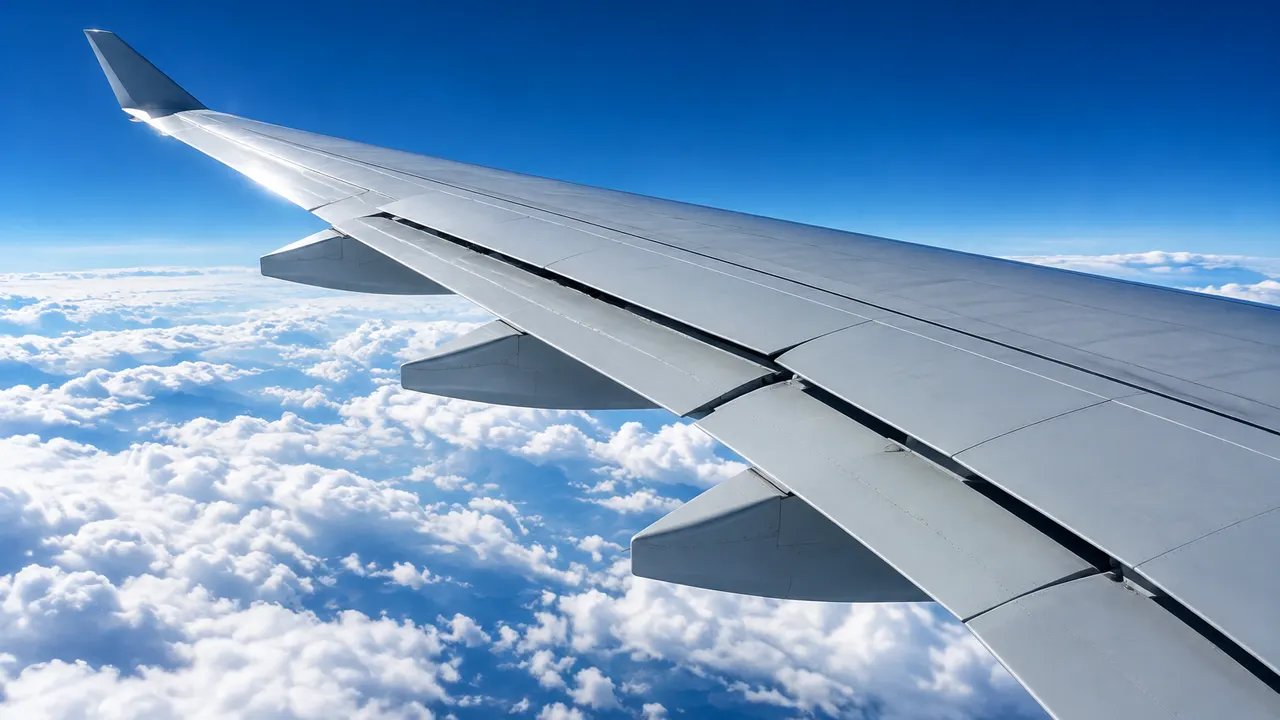 A plain grey airliner wing with its flaps slightly extended, seen from a window above a layer of white cloud.