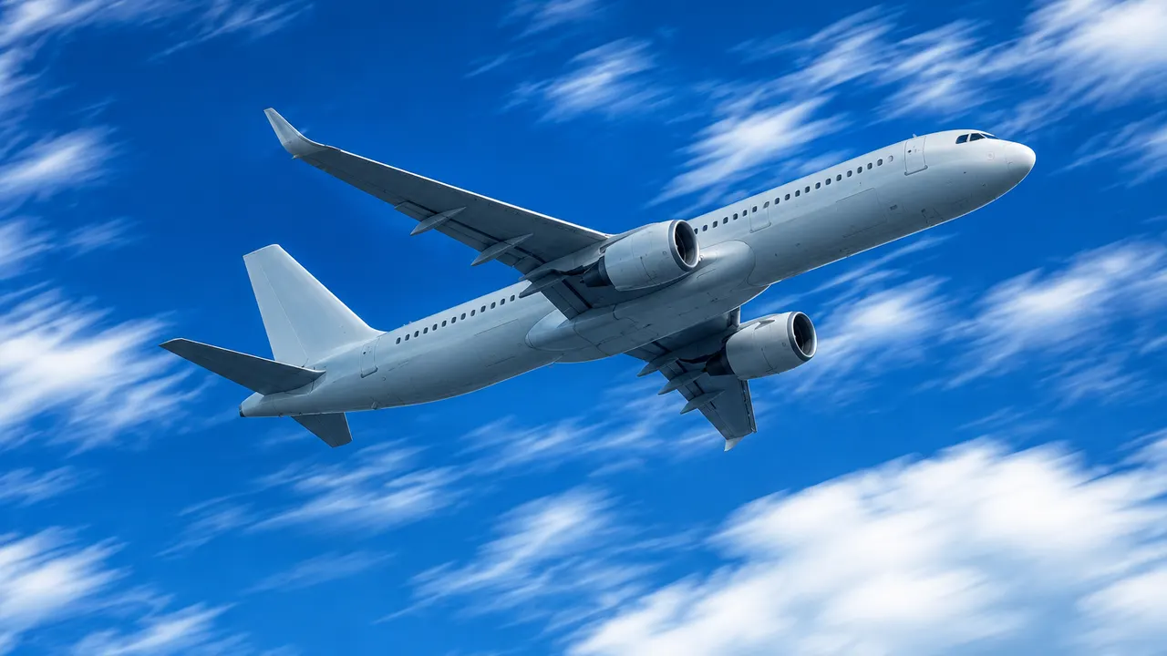 A plain pale-grey jet crossing a blue sky, the clouds behind it streaked by motion blur.