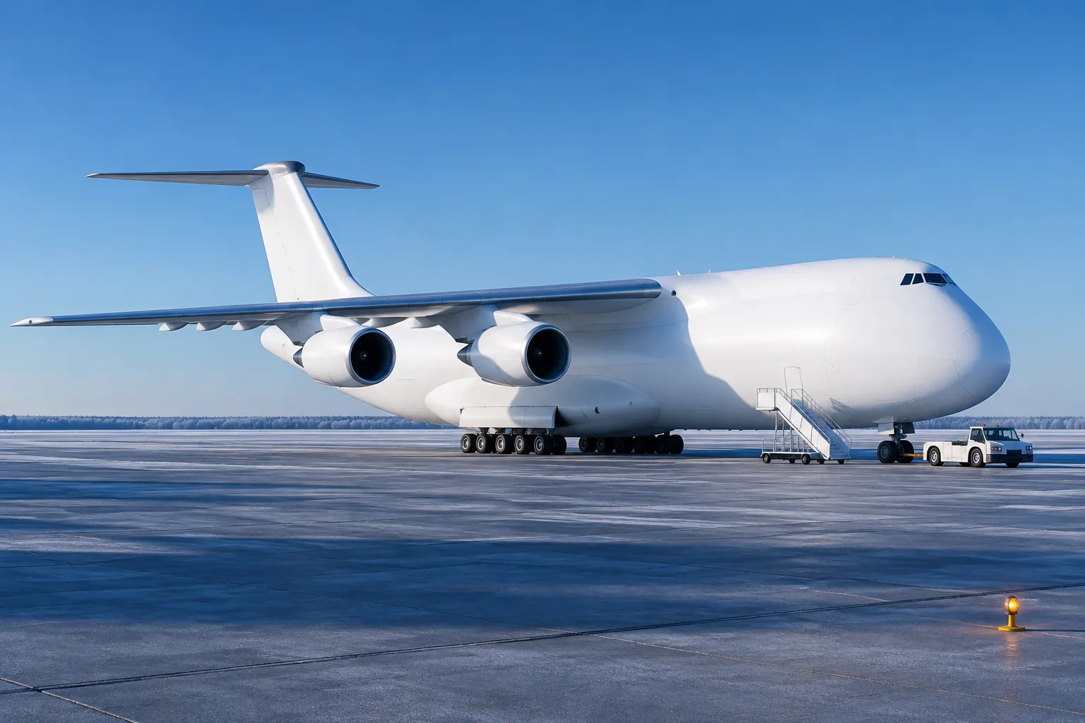 A very large plain white cargo aircraft with a single tail fin on a vast frosty apron under a clear blue sky, a tiny tug and a set of steps beside the nose showing its scale.