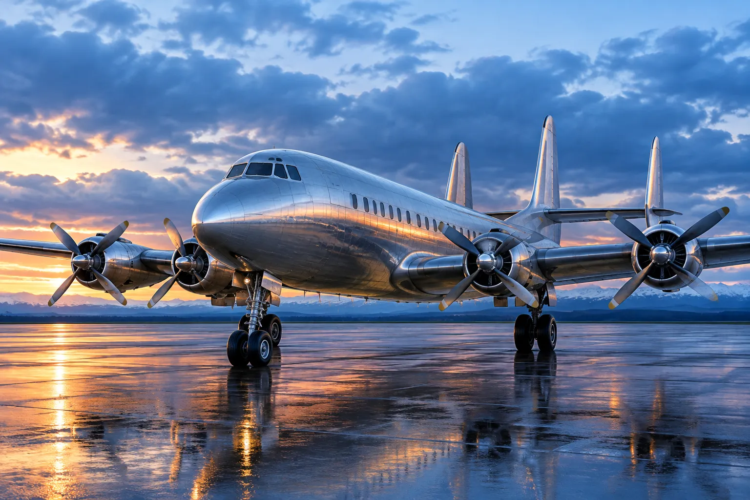 A polished-aluminium four-engine propeller airliner seen from the front three-quarter, two engines on each wing and three tail fins, on a wet apron at sunset.