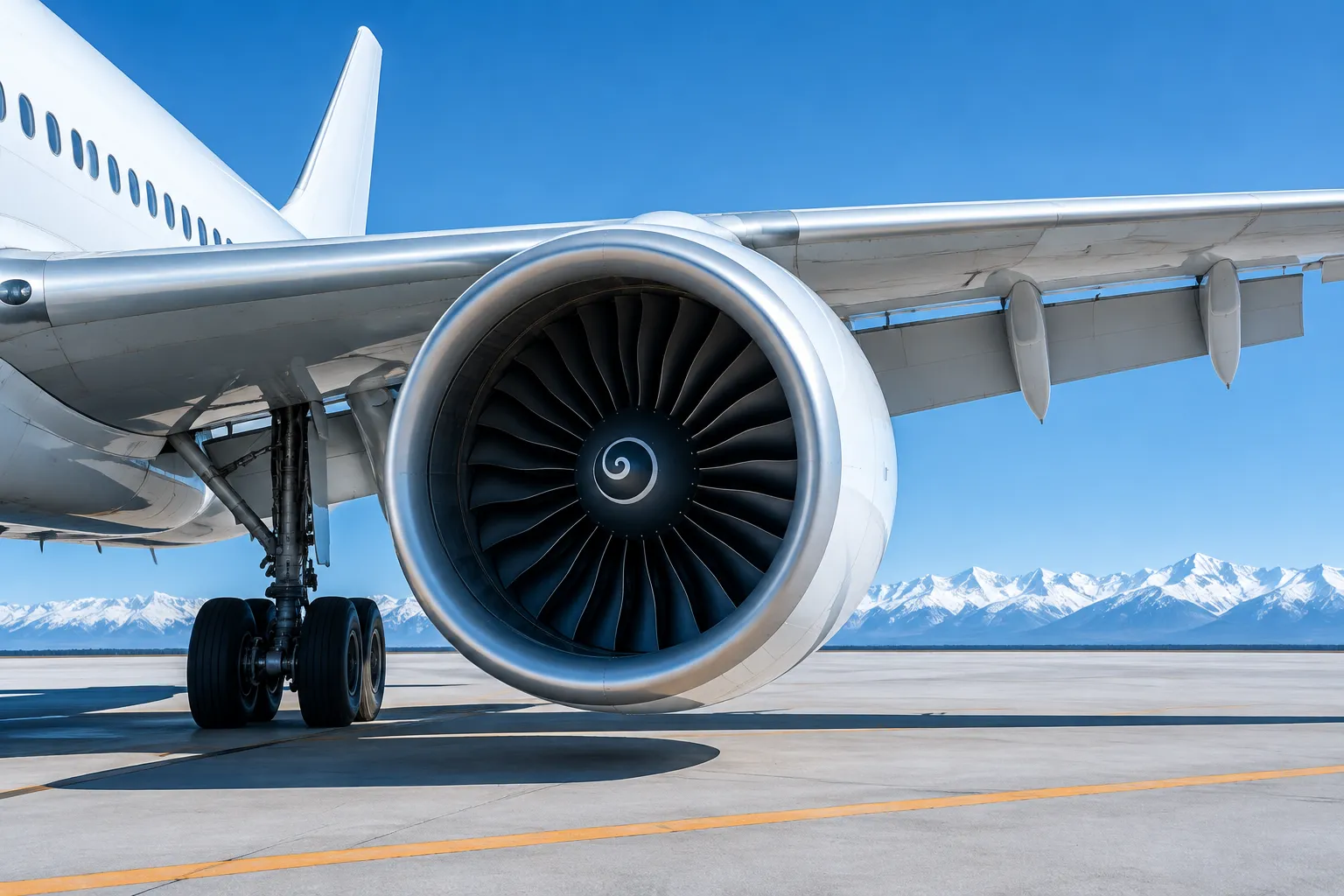 A turbofan engine under the wing of a plain white airliner, fan blades visible in the intake, main landing gear beside it and flaps along the trailing edge.
