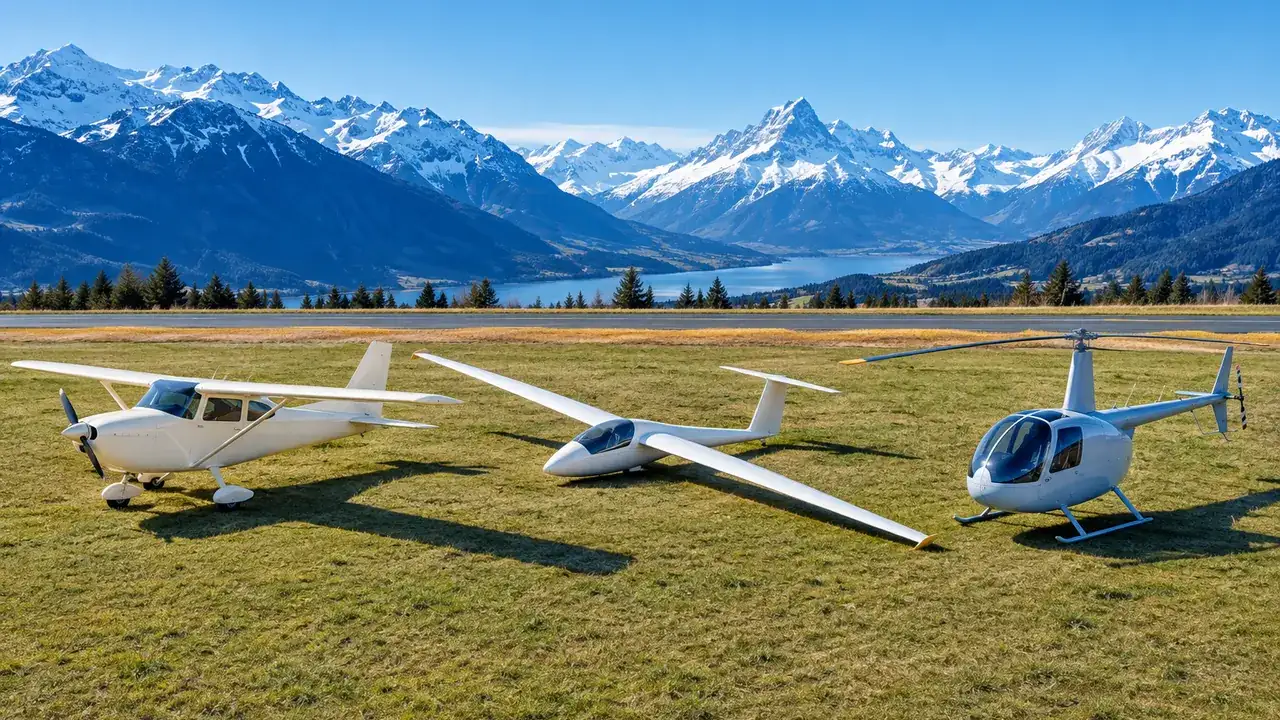 A plain light aeroplane, a glider resting on one wingtip and a small helicopter parked side by side on grass.