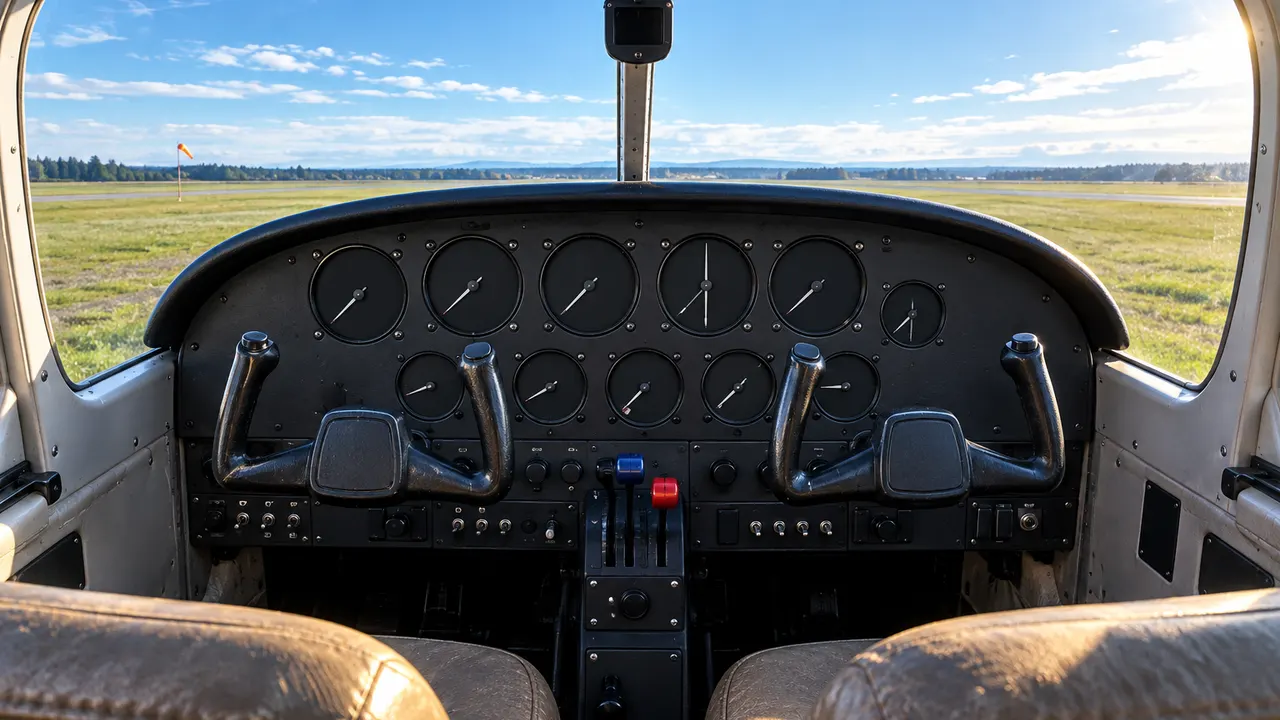 A small aircraft cockpit with two yokes and a panel of round gauges, a bright airfield visible through the windscreen.