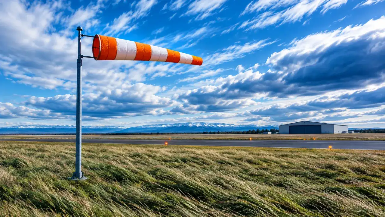 An orange-and-white windsock standing fully out in a strong wind over a grass airfield, clouds racing behind.