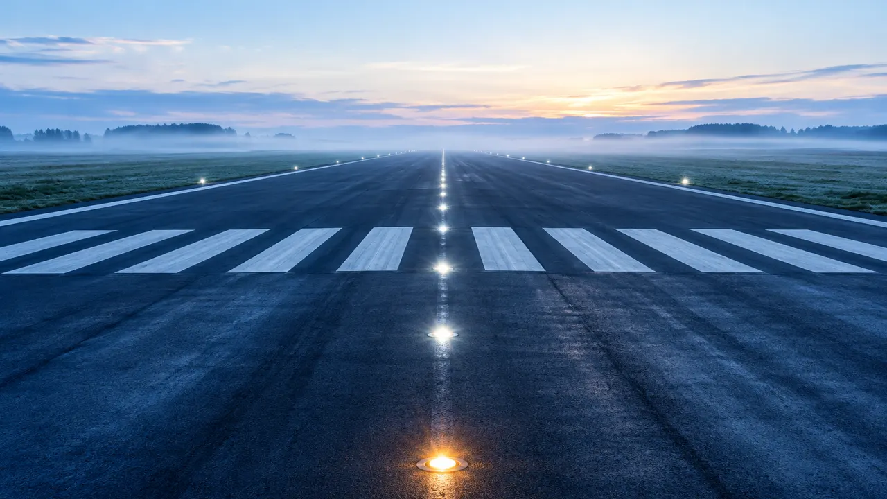 A long empty runway at first light, centreline lights receding into low mist beyond plain white threshold bars.