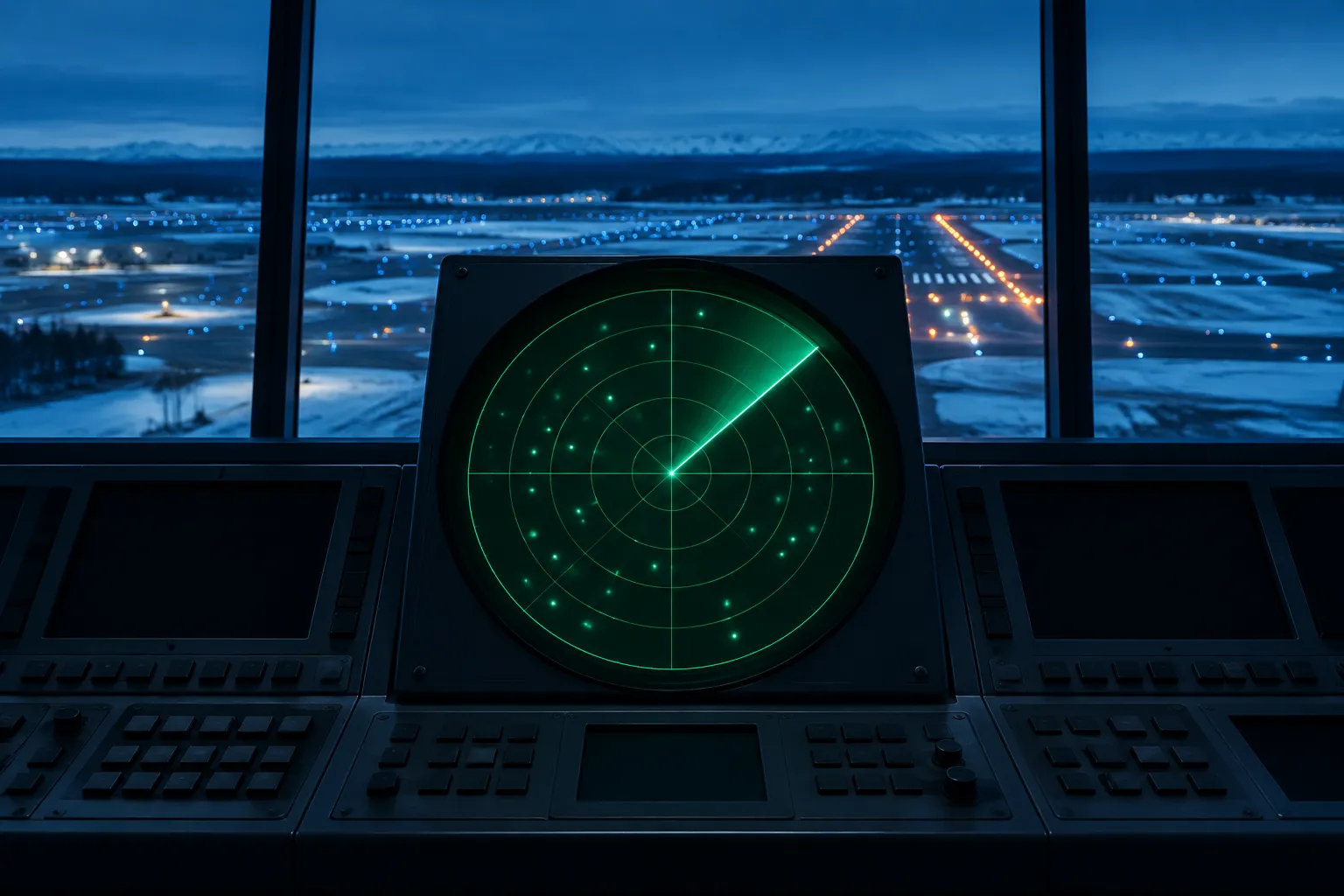 A round green radar display with a sweep line and scattered dots in a dark control room, airfield lights and snowy ground through the windows behind.