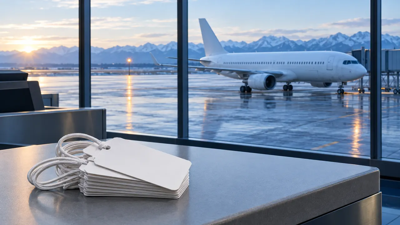 A stack of blank luggage tags on a check-in desk, a plain white aircraft on the apron beyond the window.
