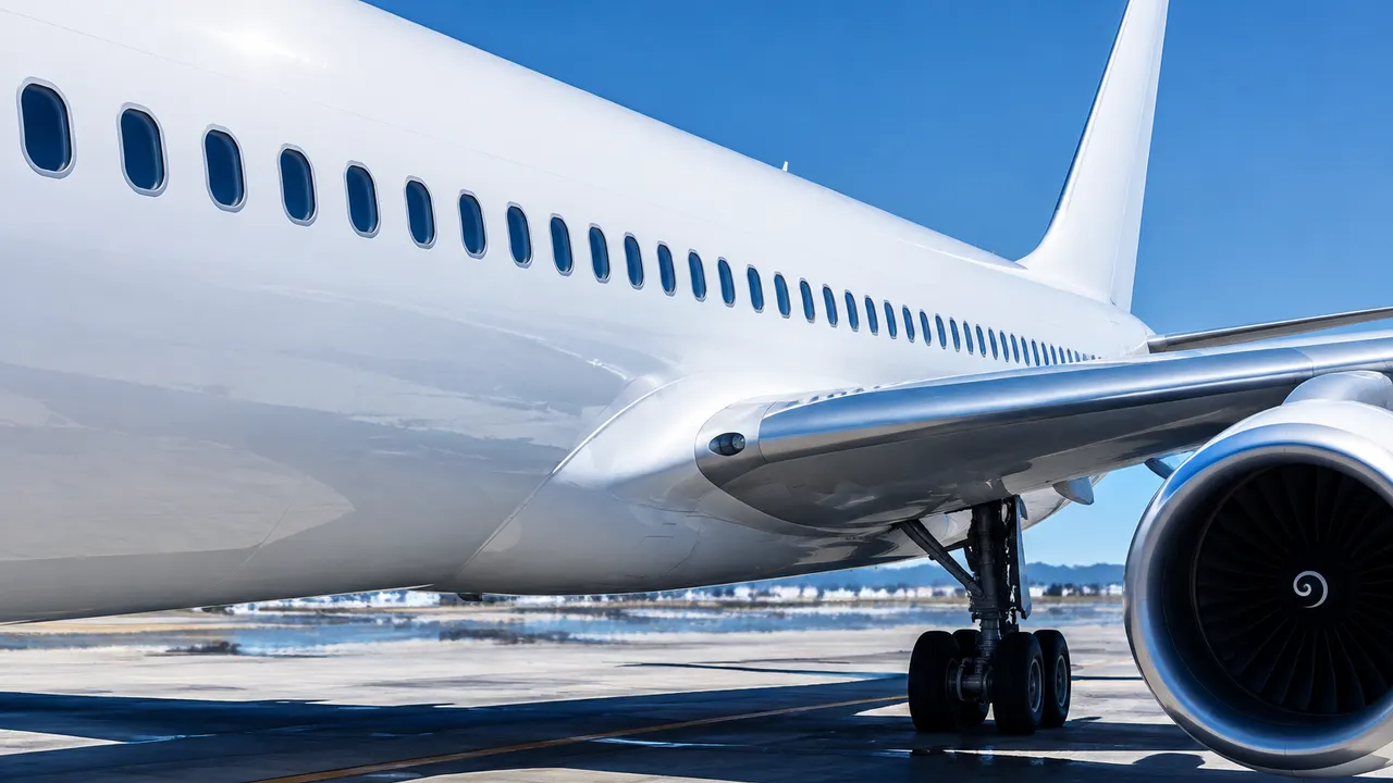 The plain gloss-white side of an airliner fuselage with a row of windows, in hard midday sun on the apron.