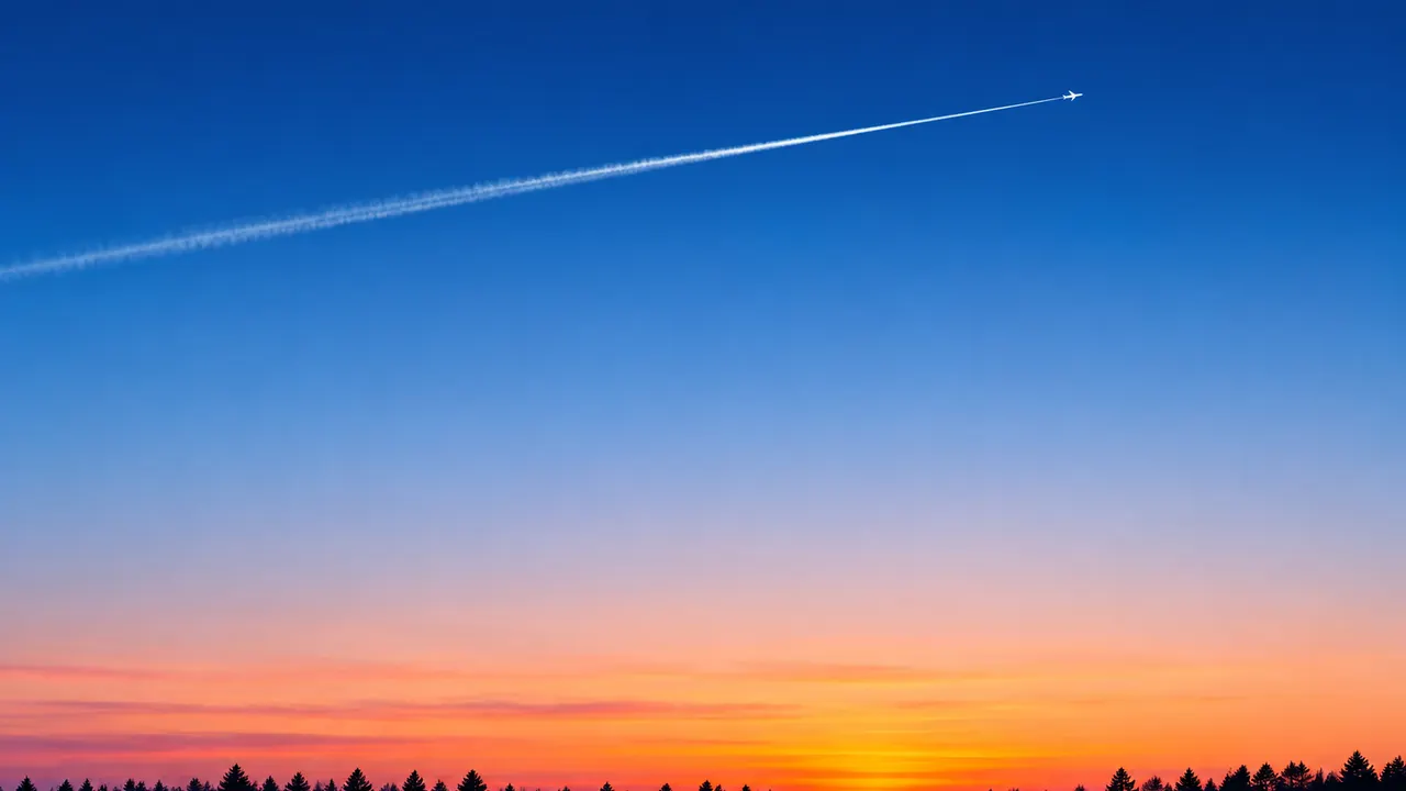 A single aircraft high in a sunset sky drawing one fresh contrail, sharp near the aircraft and spreading behind it.
