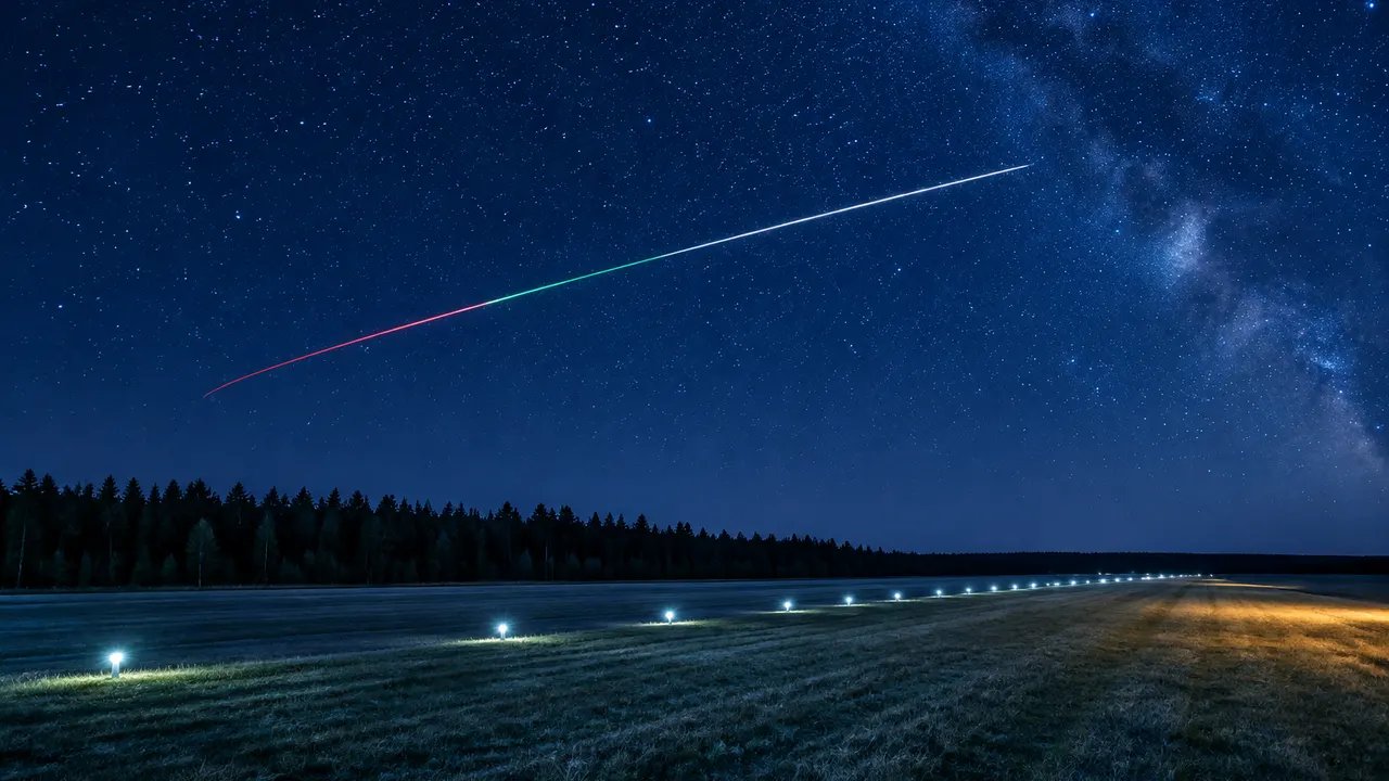 A starry night over a small airfield, the light trail of a passing aircraft curving across the sky.